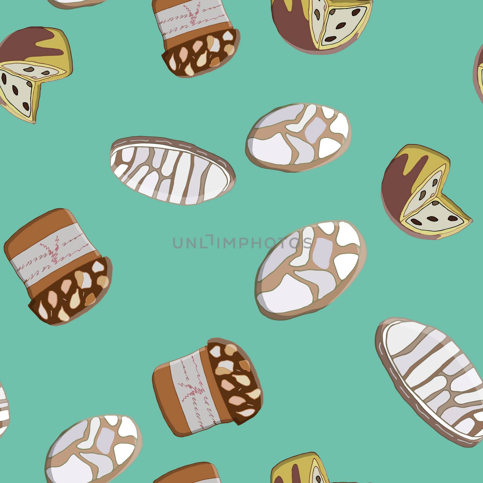 Seamless pattern with Christmas Panettone and traditional italian Ricciarelli cookies. Cute endless background New year and Christmas.