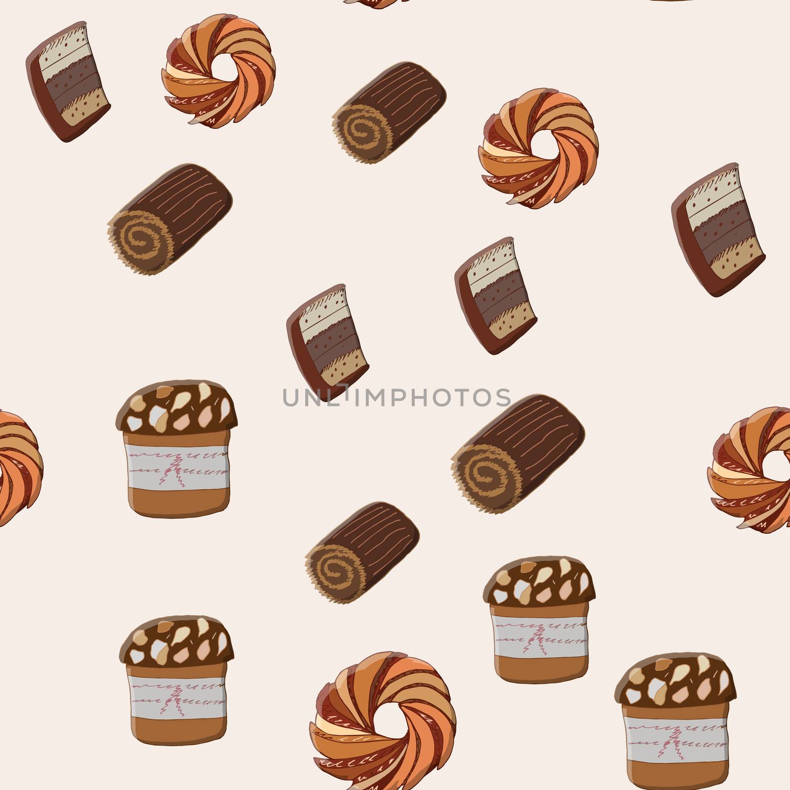 Seamless pattern with Christmas sweets in flat cartoon style. Panettone, Chrsitmas Log, Bundts, cookies. Cute endless background New year and Christmas.