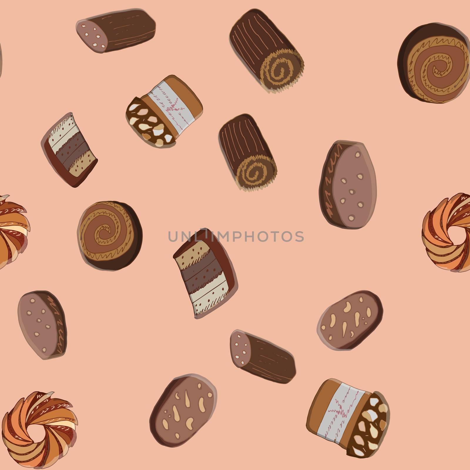 Seamless pattern with Christmas sweets. Panettone, Chrsitmas Log, Bundts, cookies. Cute endless background New year and Christmas.