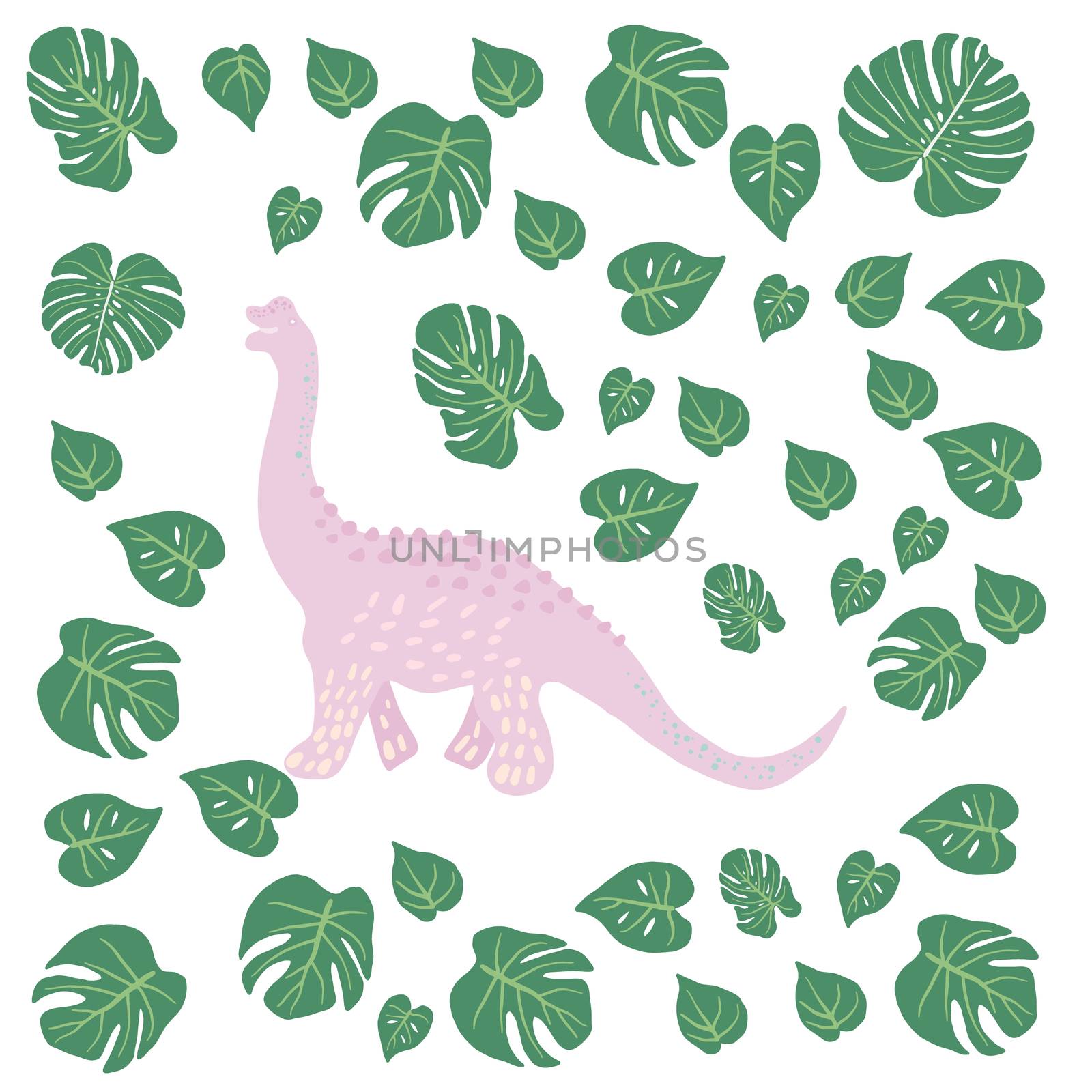 Pink Dinosaur with tropical flowers, monstera leaves on white. Decor design for kids or children event, poster, banner, party invitation. Vector illustration.