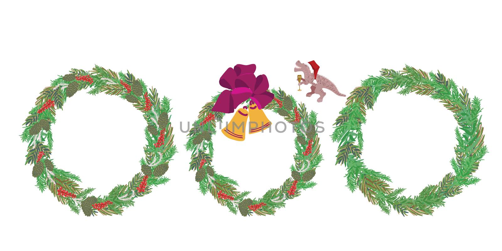 Christmas wreath set of three with dino santa isolated on white background. Festive decoration for print, cards, stickers, apparel, home decor. Vector illustration.