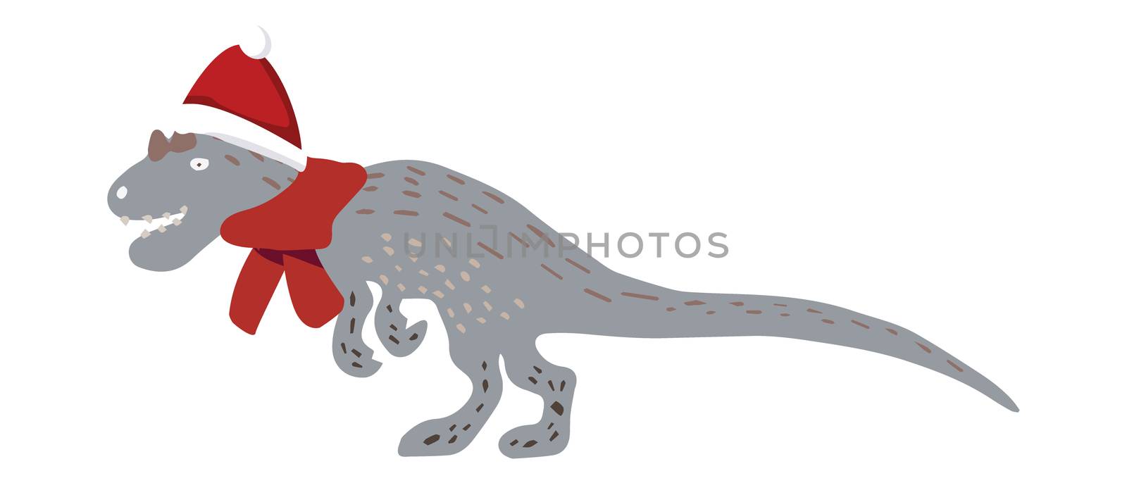 Christmas Dinosaur with red Santa hat and red scarf isolated on white backgound. Merry Christmas and Happy New Year composition design print for cards, stickers, apparel, home decor. Vector.