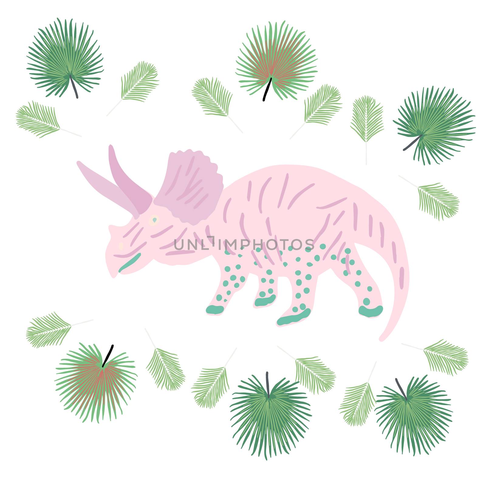 Pink Dinosaur with tropical palm leaves on white. Decor design for kids or children event, poster, banner, party invitation. Vector illustration.