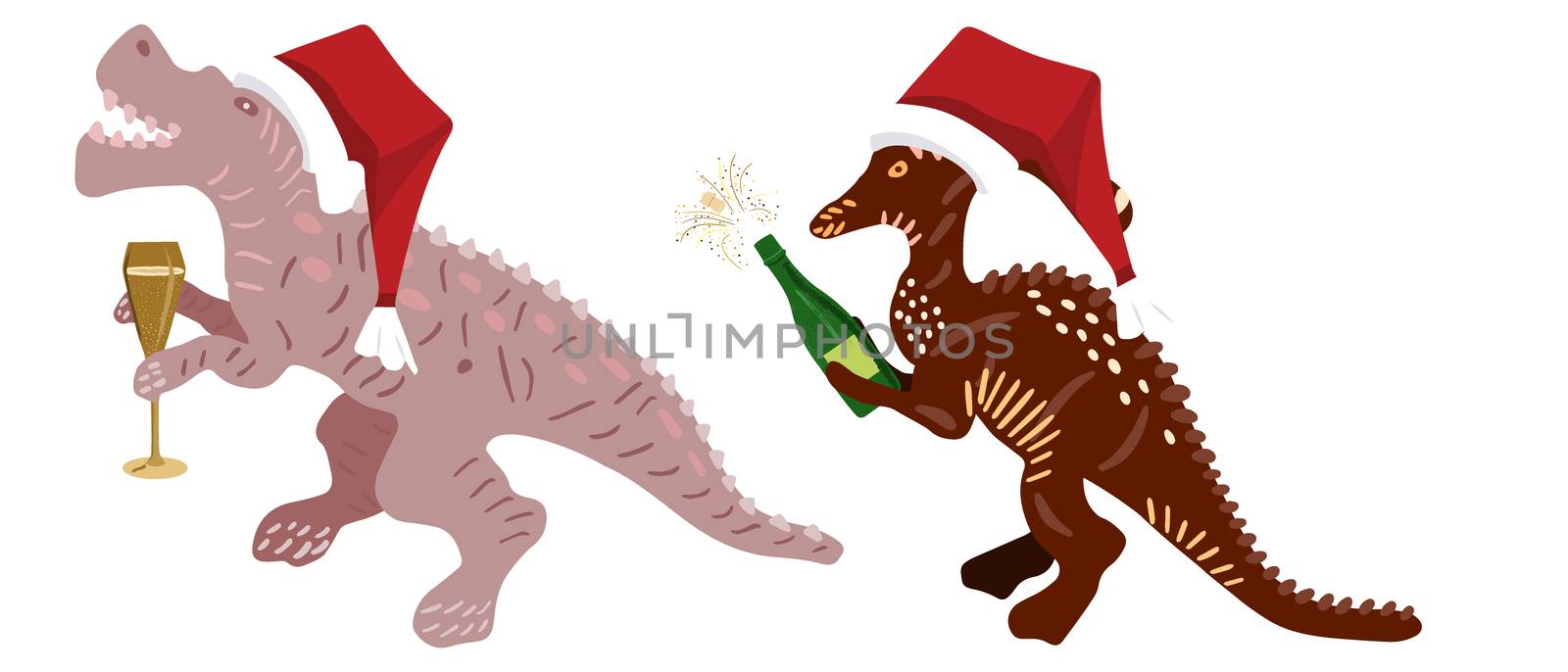 Cute Christmas Dinosaur with Champagne and red Santa hats isolated on white background. Merry Christmas and Happy New Year composition. Design print for cards, stickers, apparel, home decor. Vector.