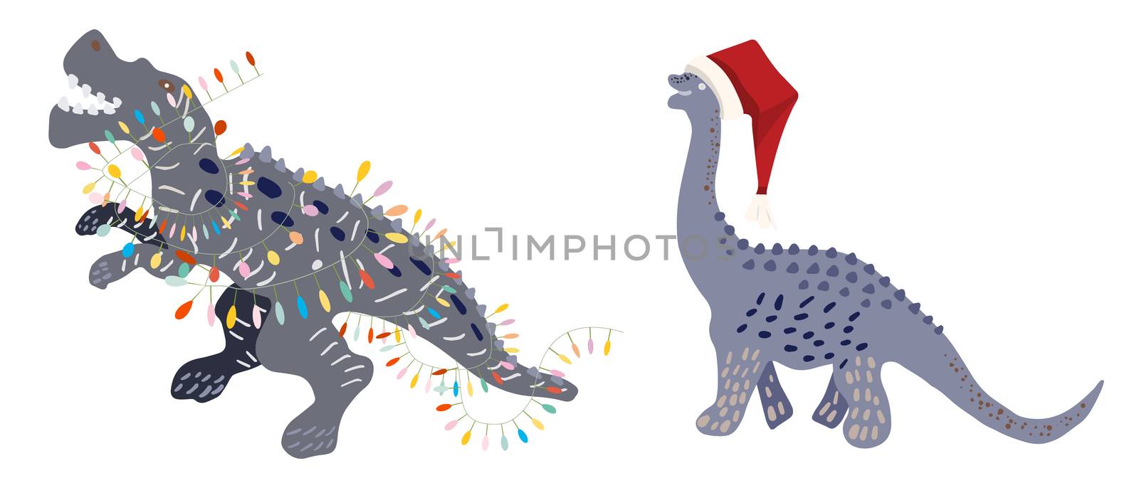Christmas Dinosaur with festive lights and red Santa hat isolated on white background. Merry Christmas and Happy New Year composition design print for cards, stickers, apparel, home decor. Vector.