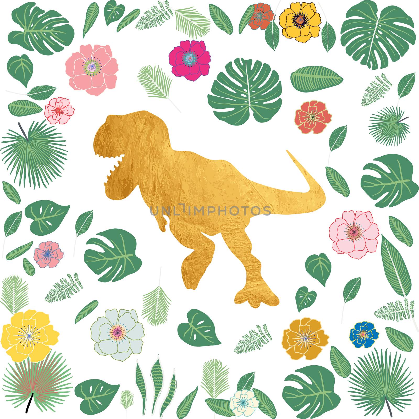 Gold Dinosaur with tropical flowers and leaves on white. Decor design for kids or children event, poster, banner, party invitation. Vector illustration.