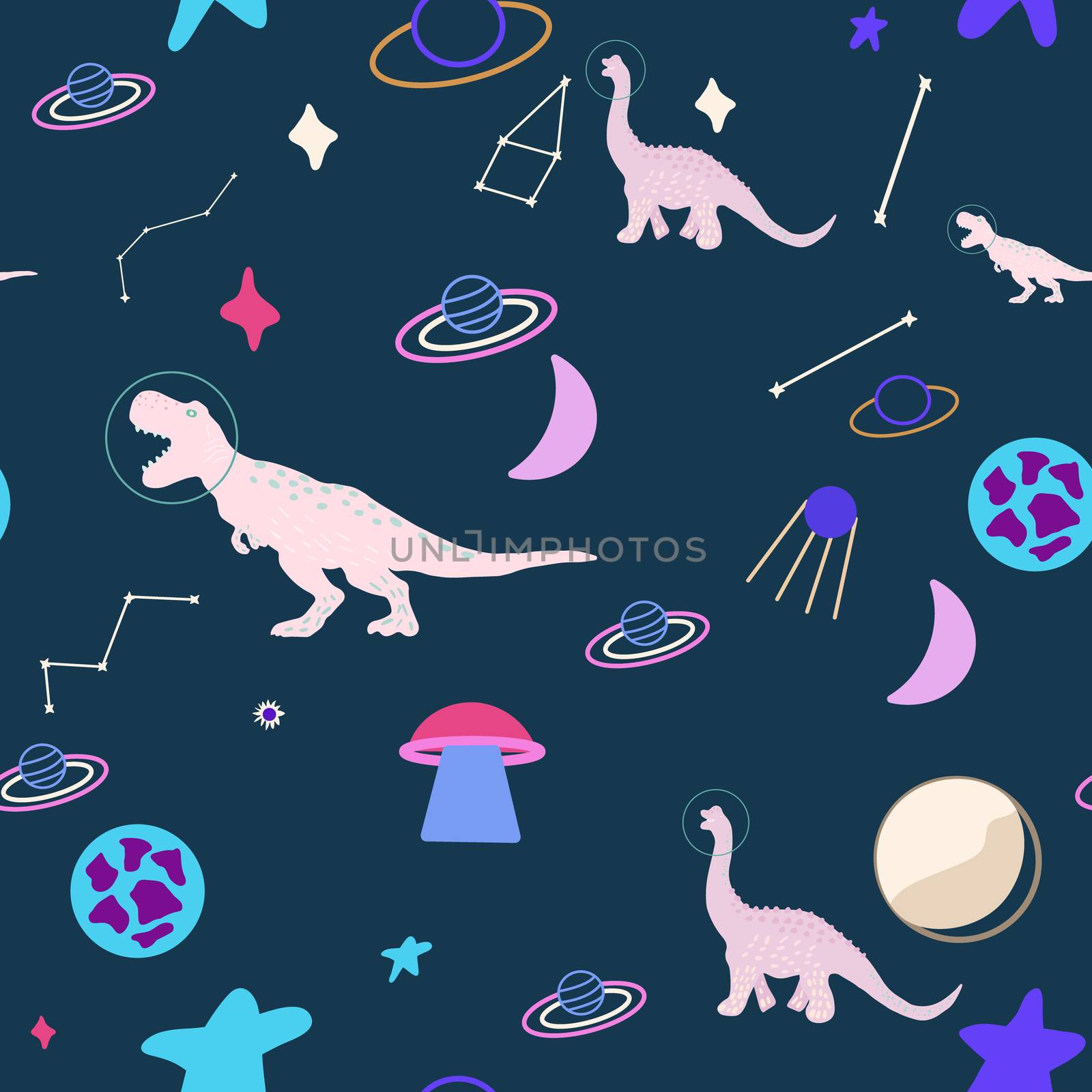 Space dino girl seamless pattern on blue. Wild galaxy monster endless design. Joyous reptile astronaut and planets decor for textile, paper, web, wallpaper. Vector illustration in flat cartoon style.