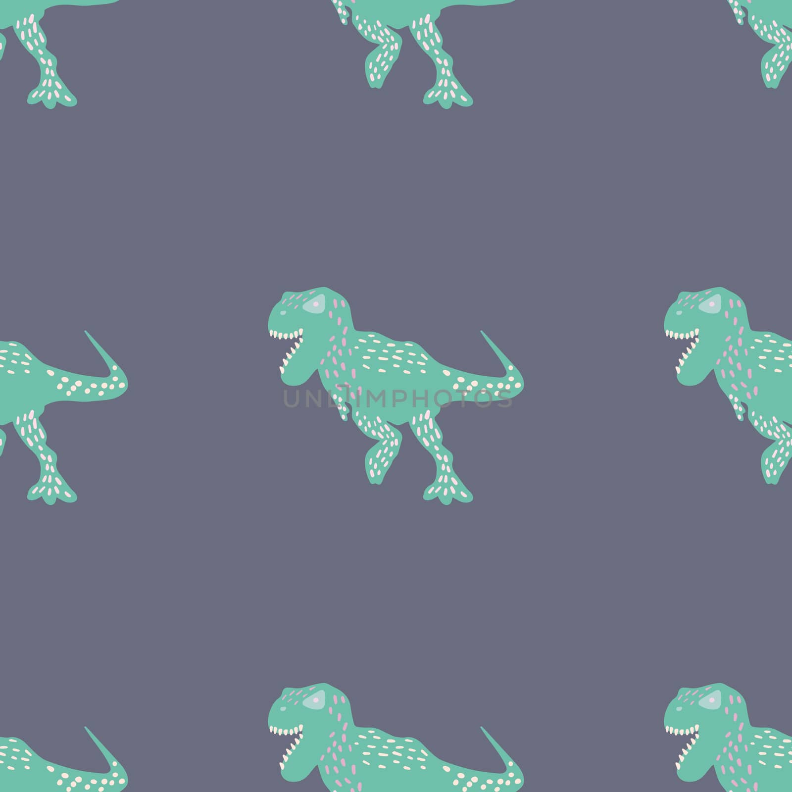 Turquoise dinosaur seamless pattern on grey. Adorable wild animal repeat ornaments. Colored vector illustration in flat cartoon style.