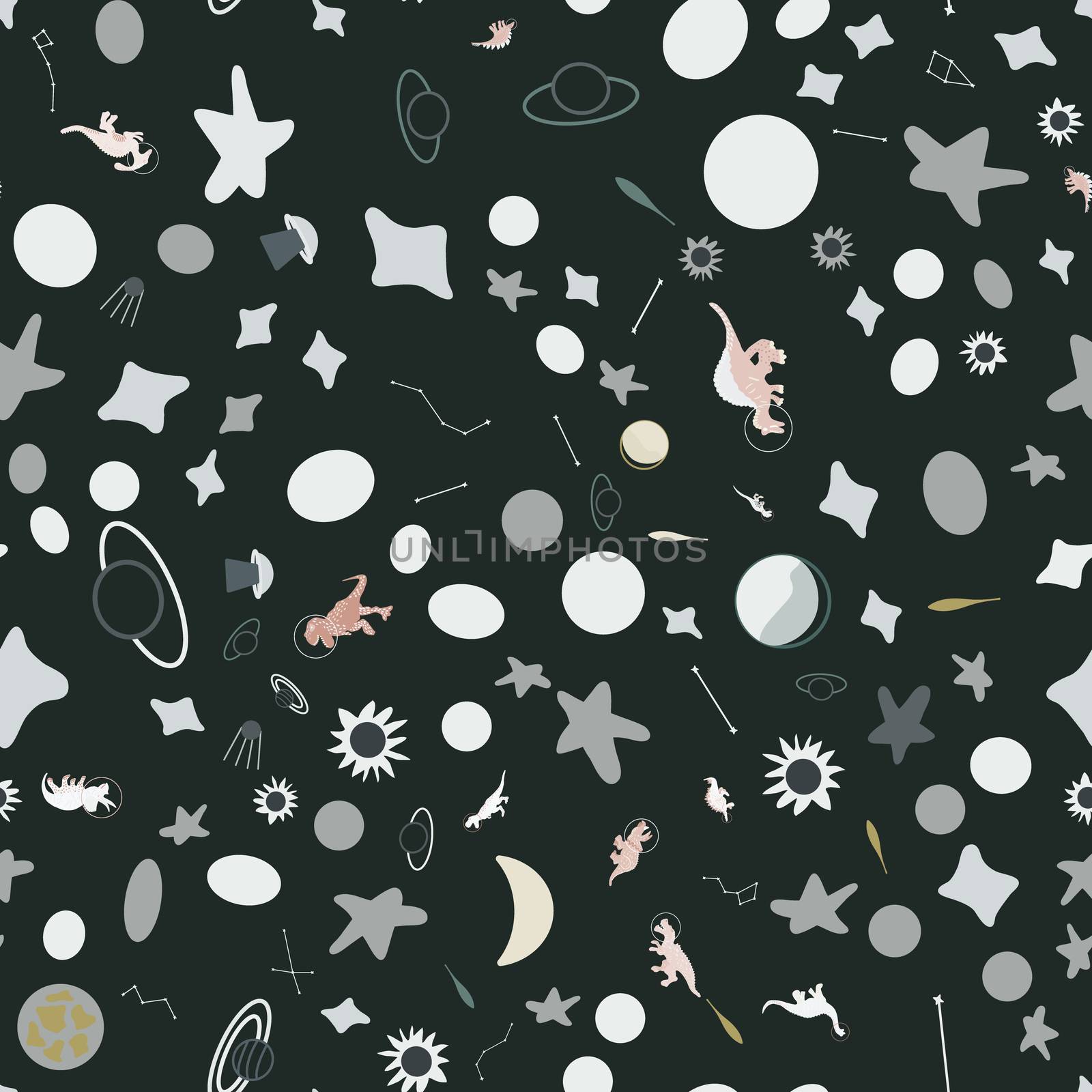 Space dino seamless pattern on black. Cute wild galaxy monster endless design. Joyous reptile astronaut and planets decor for textile, paper, web, wallpaper. Vector illustration in flat cartoon style.