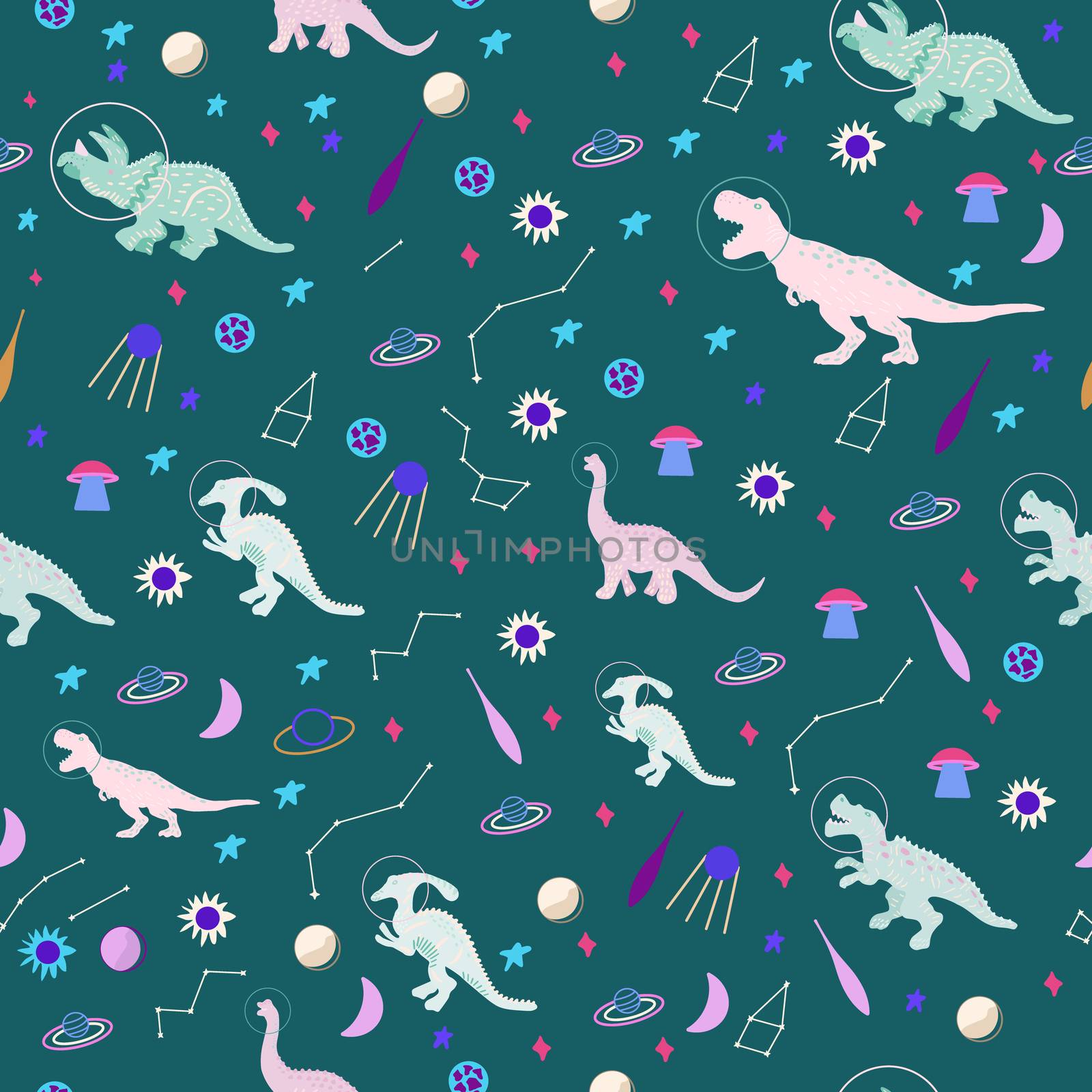 Space dino seamless pattern on teal. Cute wild galaxy monster endless design. Joyous reptile astronaut and planets decor for textile, paper, web, wallpaper. Vector illustration in flat cartoon style.