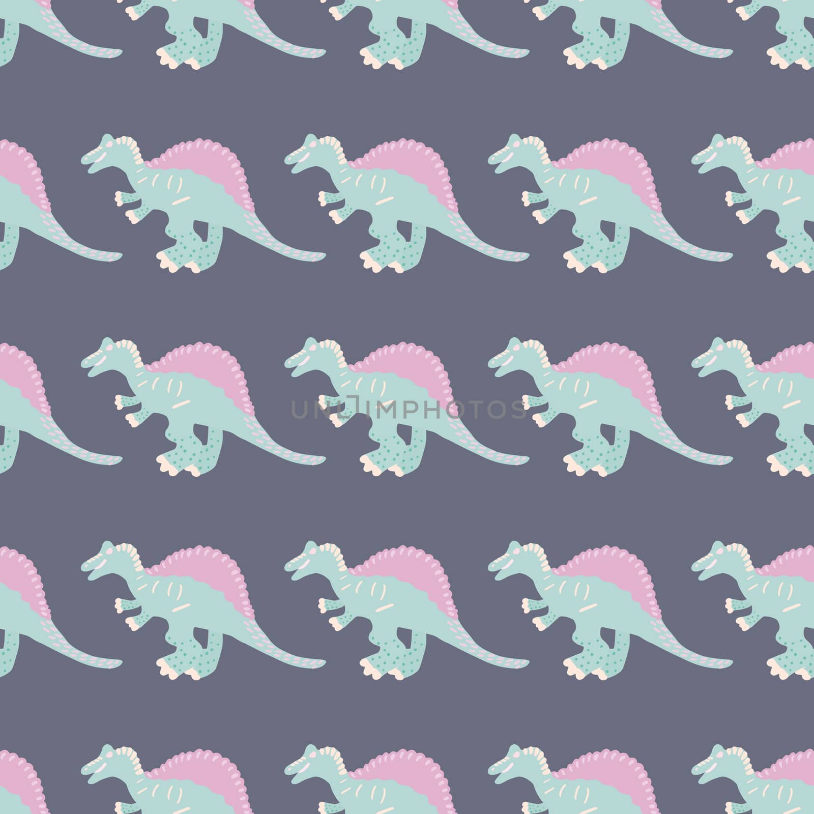 Cute turquoise dinosaur simple seamless pattern on grey. Adorable wild animal repeat ornaments. Colored vector illustration in flat cartoon style.