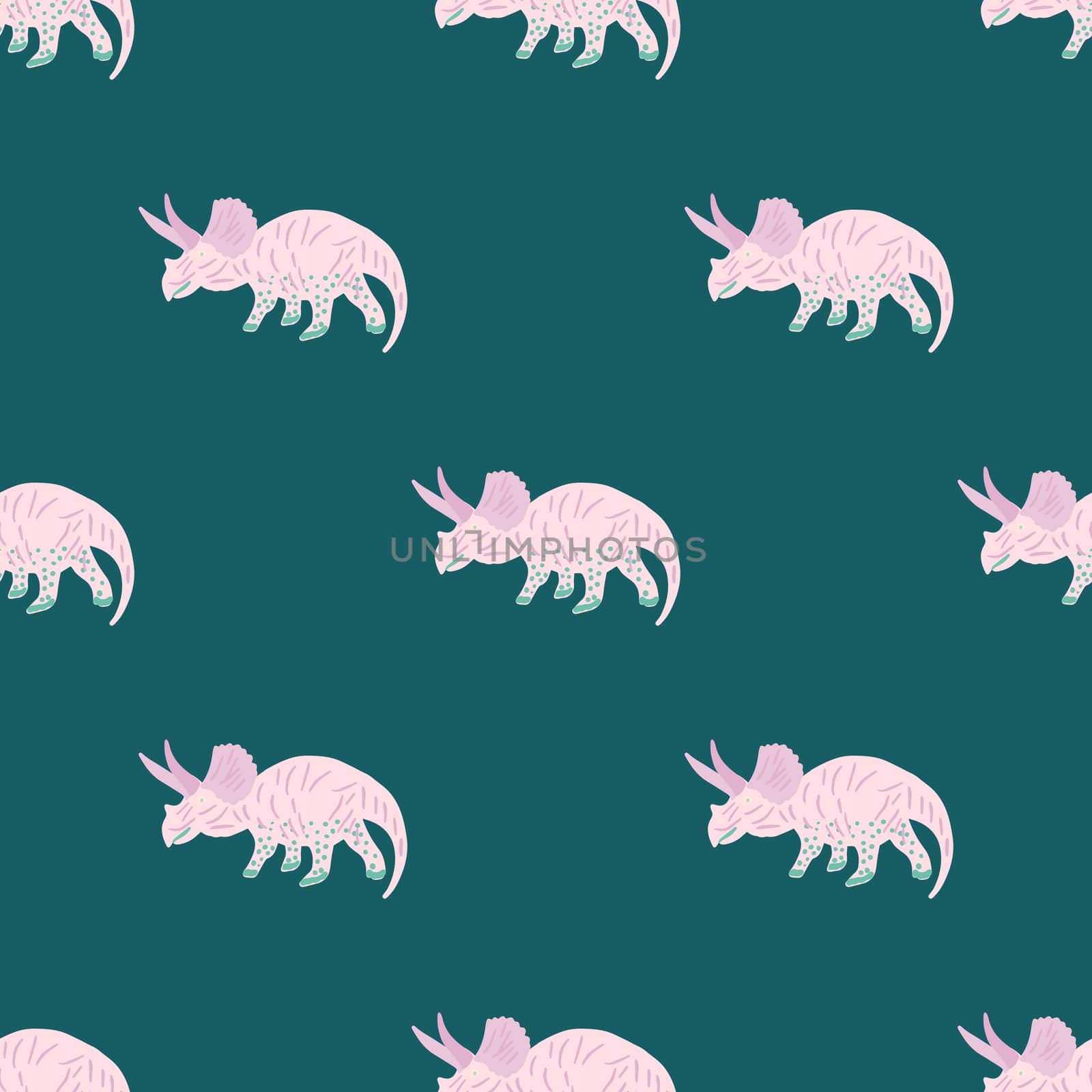 Cute pink dinosaur simple seamless pattern on teal. Adorable wild animal repeat ornaments. Colored vector illustration in flat cartoon style.