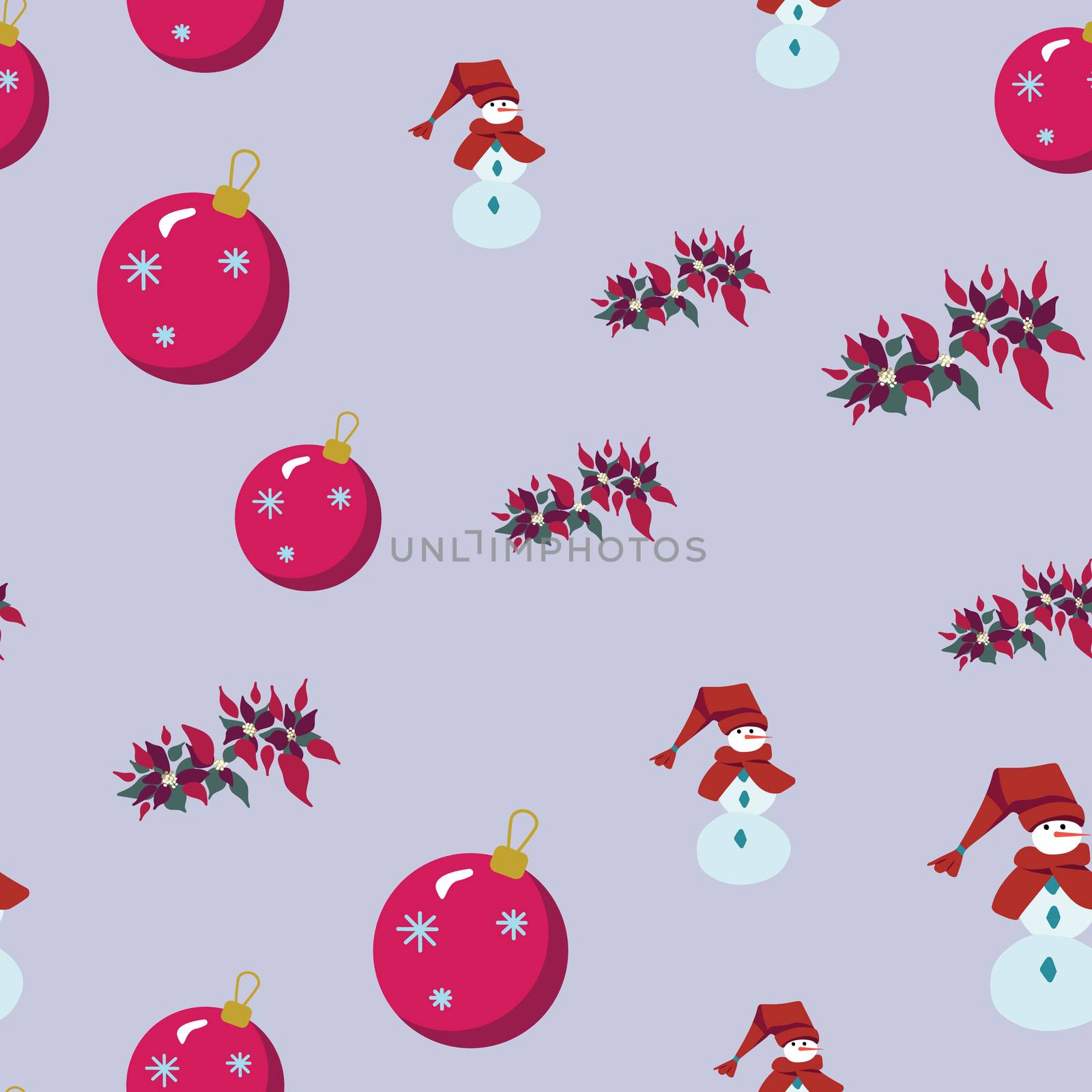 Christmas bubble, snowman and poinsettia seamless pattern. Festive endless design. Holiday decor wrapping paper, background. Colorful vector illustration in flat cartoon style.