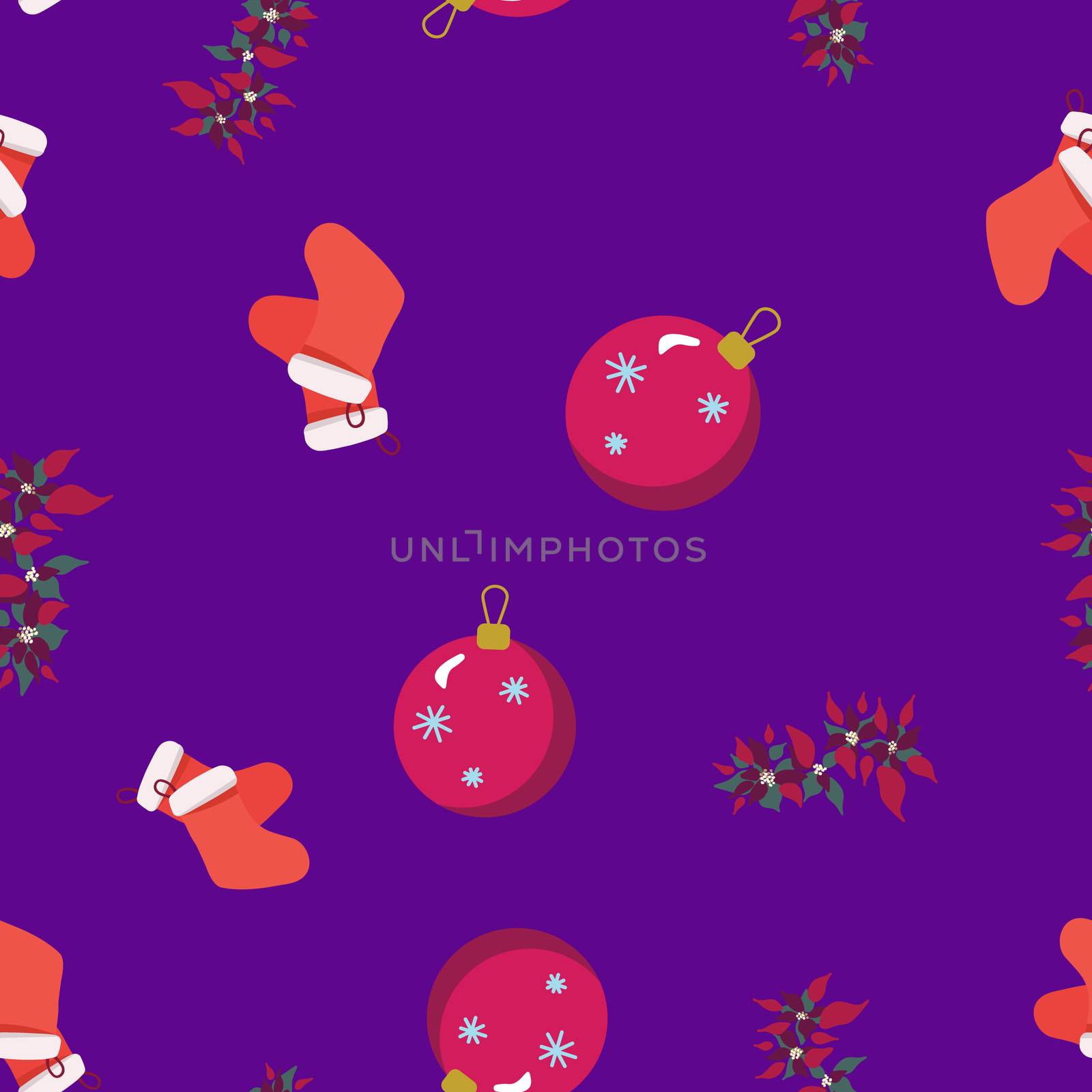 Christmas red stockings, tree bubble and poinsettia seamless pattern. Festive endless design. Holiday decor wrapping paper, background. Colorful vector illustration in flat cartoon style.