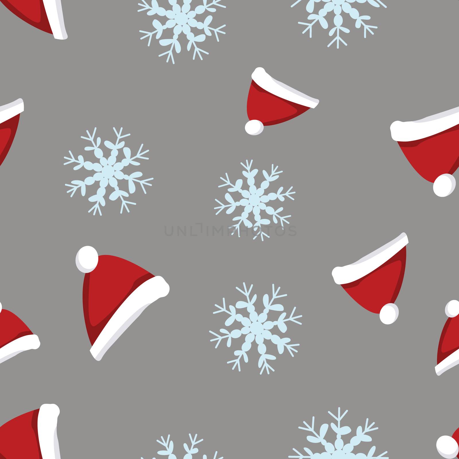Christmas red hats and snowflakes seamless pattern. Festive endless design. Holiday decor wrapping paper, background. Colorful vector illustration in flat cartoon style.