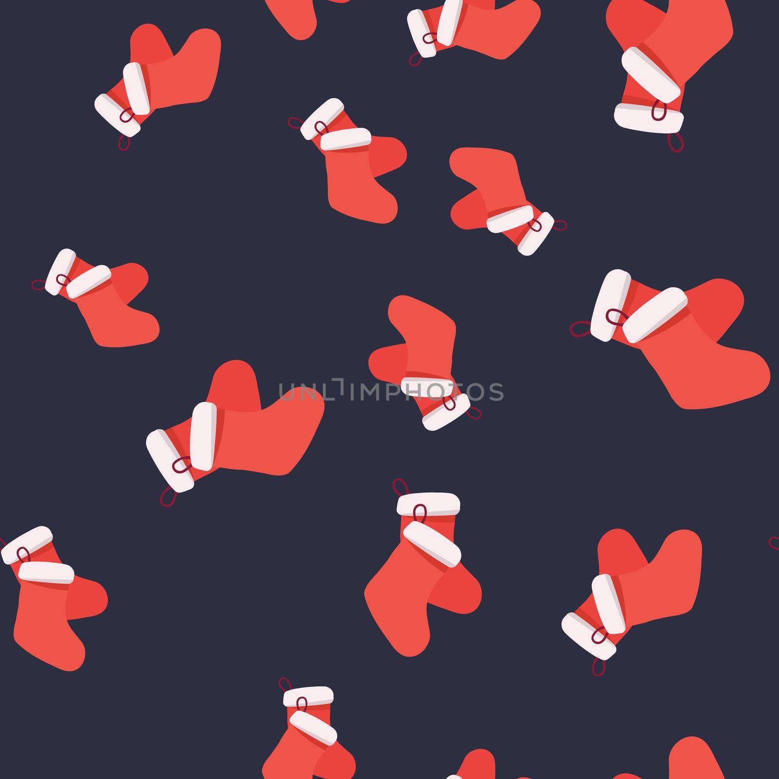 Christmas red santa gloves and stockings seamless pattern. Festive endless design. Holiday decor wrapping paper, background. Colorful vector illustration in flat cartoon style.
