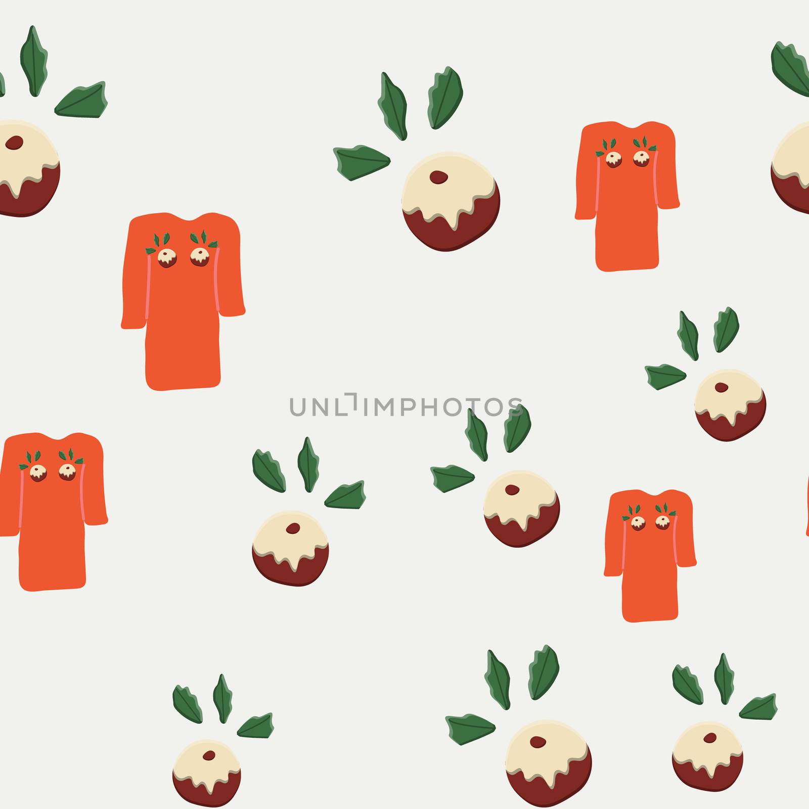 Orange ugly sweater with Christmas pudding seamless pattern. Festive knitted jumper endless design. Holiday decor, winter knitted woolen clothes. Colorful vector illustration in flat cartoon style.