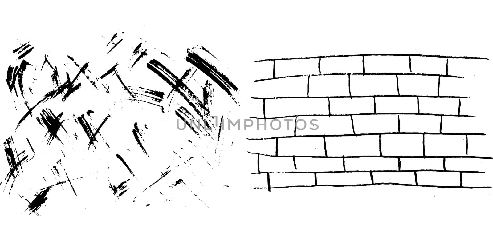 Wall texture backdrop with rough brush strokes, paint marks, daub, paint traces, lines, smudges, smears, stains, scribbles isolated on white background. Vector illustration.