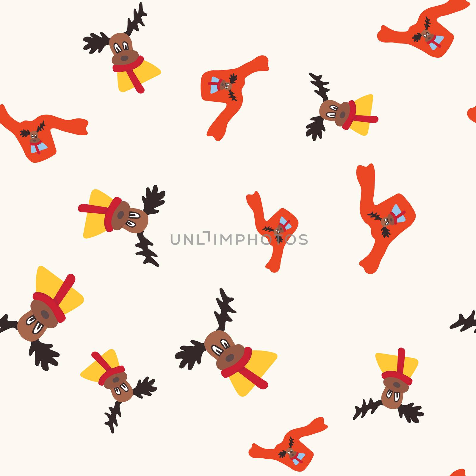 Christmas ugly sweater seamless pattern. Festive reindeer wear red scarf and yellow jumper. Holiday design, winter knitted woolen clothes. Colorful vector illustration in flat cartoon style.