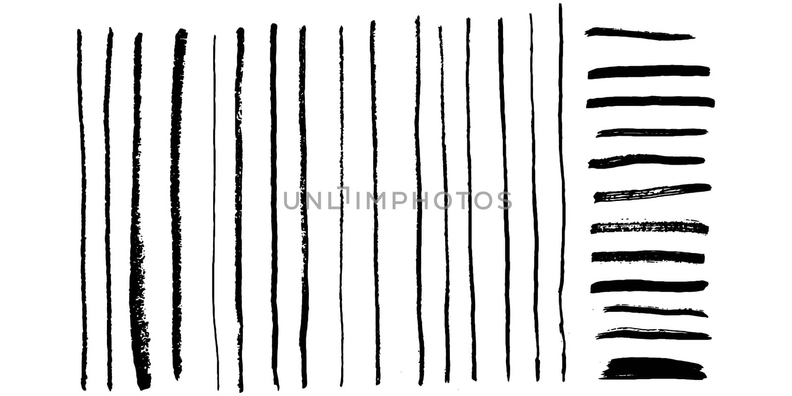 Bundle of vertical and horizontal black brush strokes, paint traces, lines, smudges, smears, stains, scribbles isolated on white background. Vector illustration.