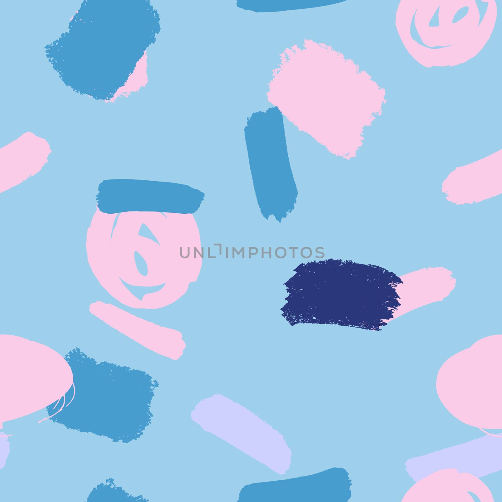 Abstract seamless pattern with pink and blue brush strokes, paint traces or smears on light blue background. Design for wrapping paper, wallpaper, fabric print, backdrop. Vector illustration.