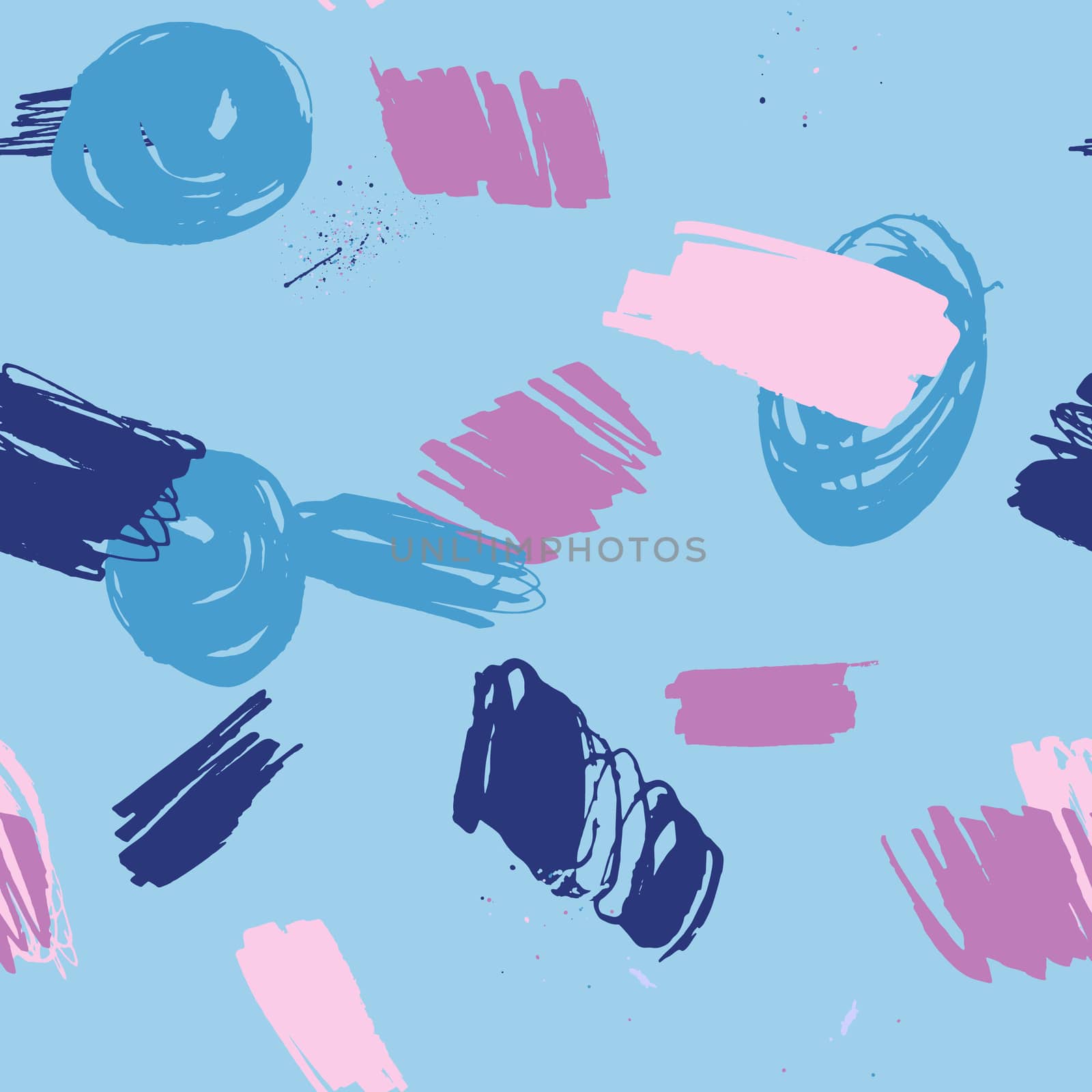 Artistic trendy seamless pattern with pink and blue brush strokes, paint traces or smears on light blue background. Design for wrapping paper, wallpaper, fabric print, backdrop. Vector illustration.