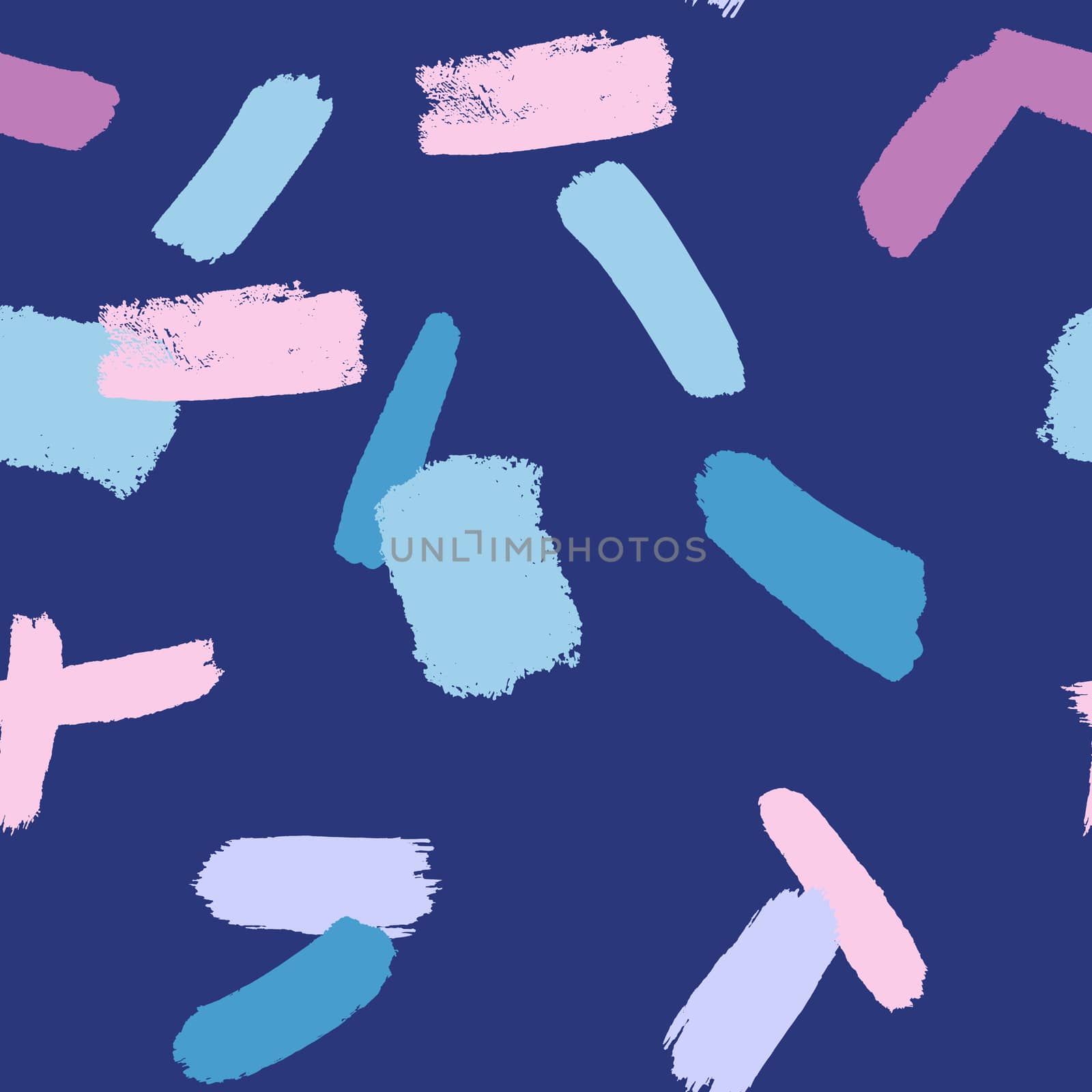 Creative modern seamless pattern with pink and light blue brush strokes, paint traces or smears on blue background. Design for wrapping paper, wallpaper, fabric print, backdrop. Vector illustration.