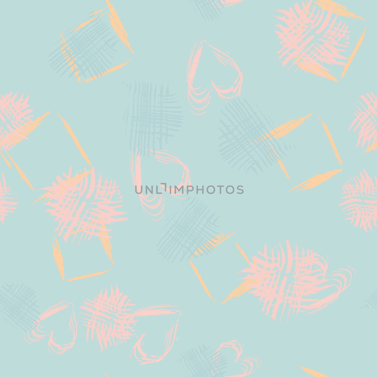 Pink abstract shapes on turquoise seamless pattern with hand drawn texture colorful background. Design for wrapping paper, wallpaper, fabric print, backdrop. Vector illustration.