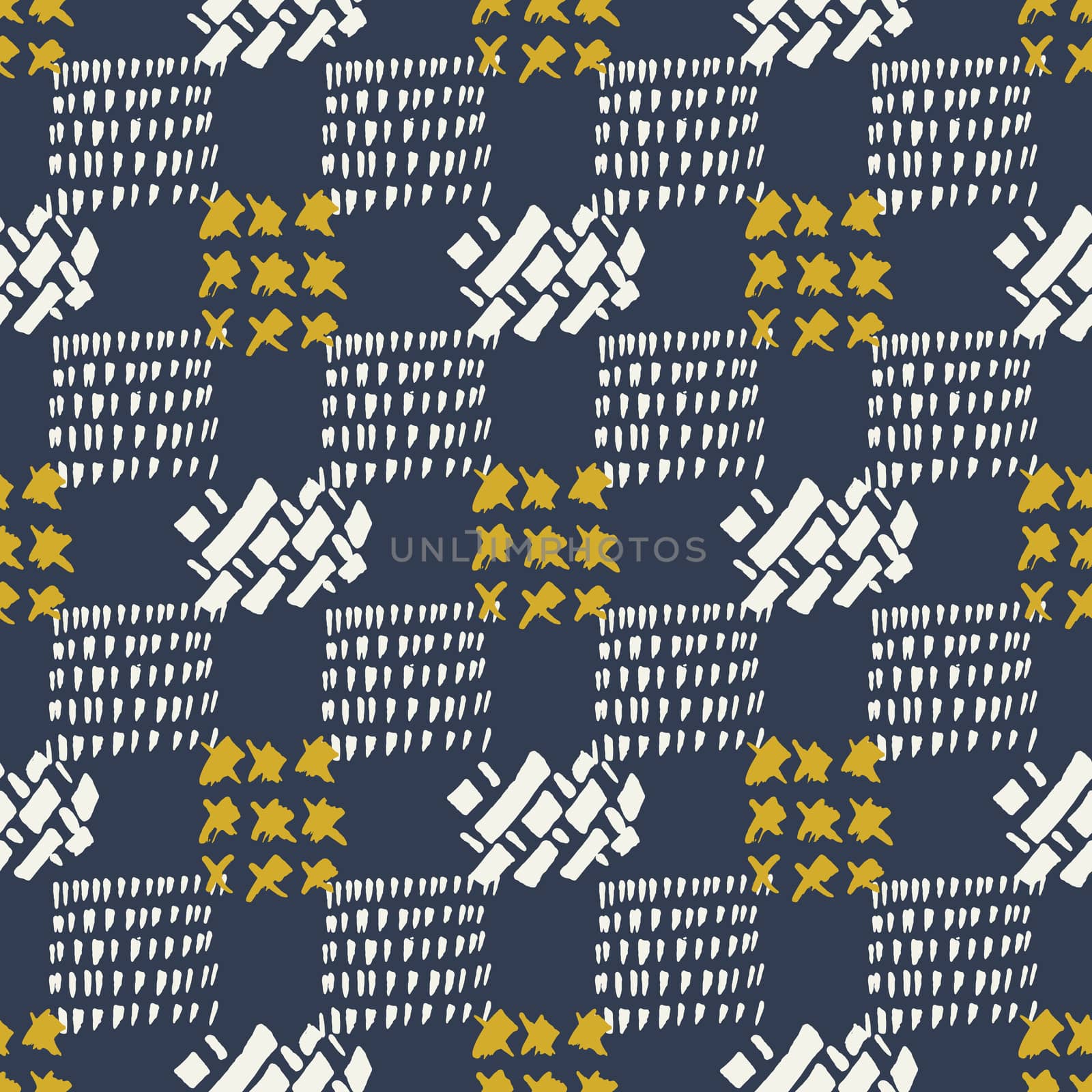Mustard and grey on blue color modern seamless pattern with hand drawn texture ethnic background. Design for wrapping paper, wallpaper, fabric print, backdrop. Vector illustration.