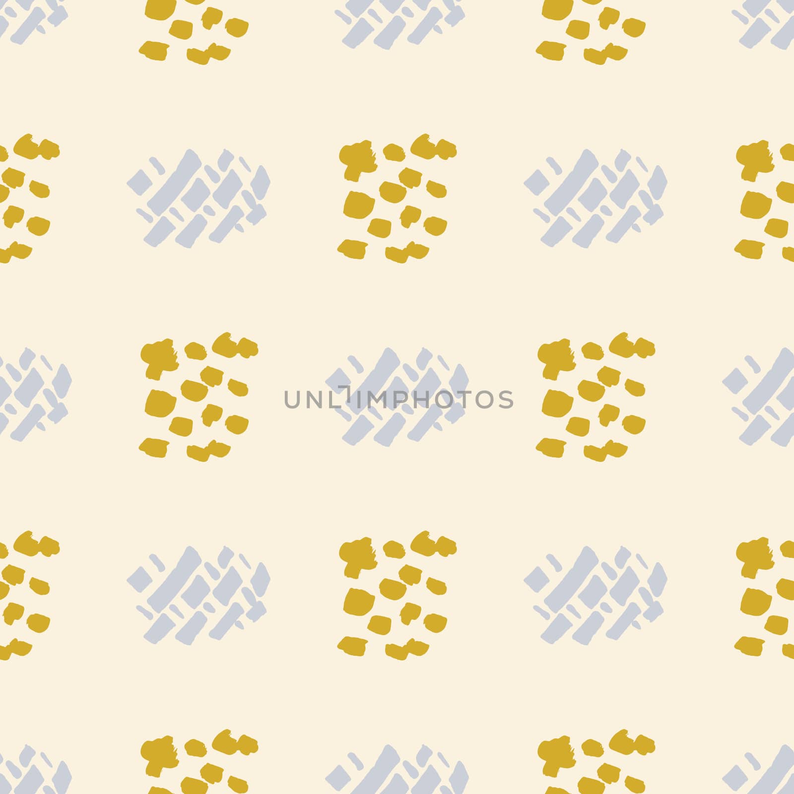 Mustard and grey abstract shapes modern seamless pattern with hand drawn texture background. Design for wrapping paper, wallpaper, fabric print, backdrop. Vector illustration.