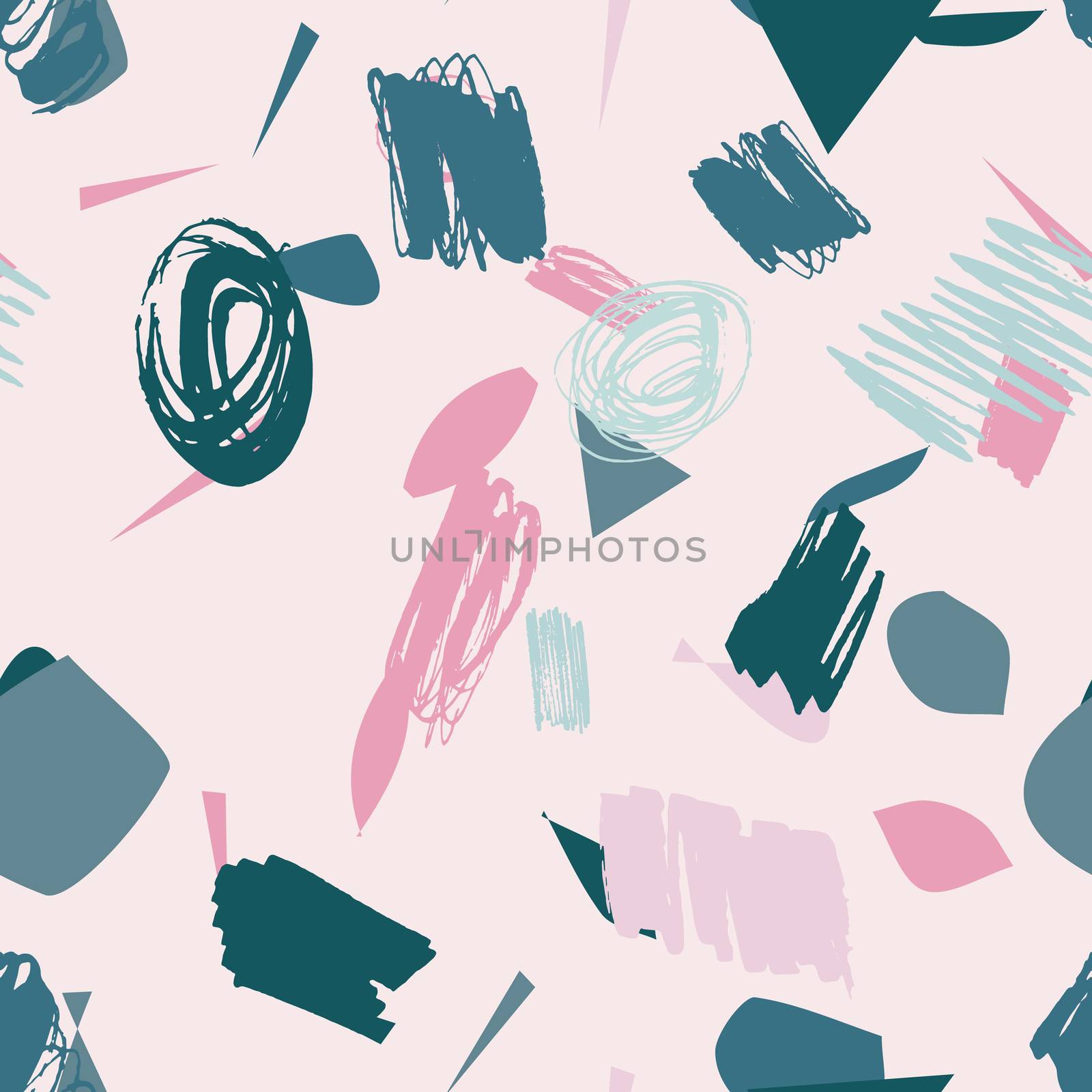 Messy pink and teal abstract modern seamless pattern with hand drawn textures colorful background. Design for wrapping paper, wallpaper, fabric print, backdrop. Vector illustration.