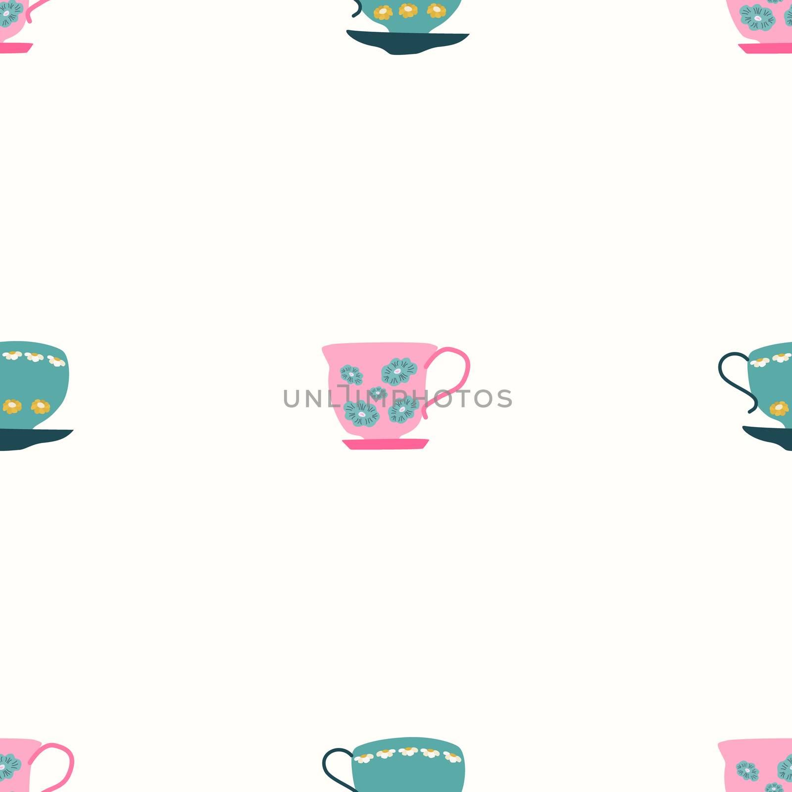 Simple seamless pattern with teal and pink retro tea cups on white background. Endless design for textile, card, cover. Vector illustration.
