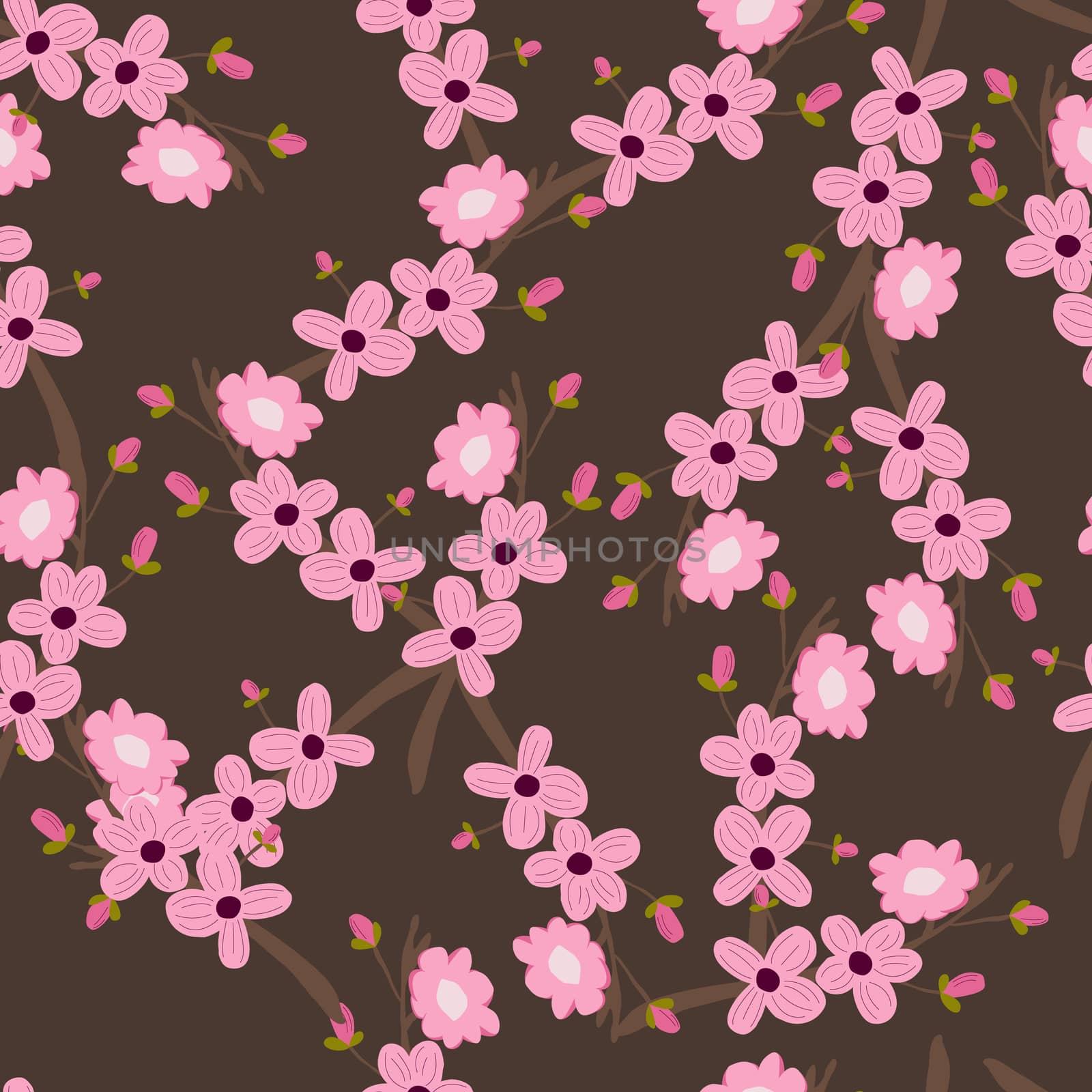 Seamless pattern with cherry blossom pink flowers on brown by Nata_Prando