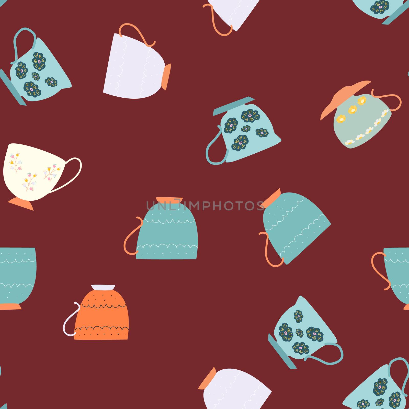 Seamless pattern with teal and orange retro tea cups on chocolate background. Endless design for textile, card, cover. Vector illustration.