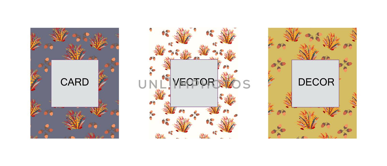 Set of cards with seamless fall leaves and acorns pattern. Autumn endless design banner template. Vector illustration.