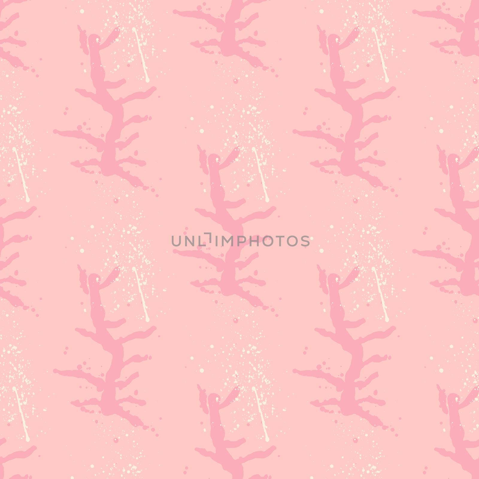 Girly pink sea coral trendy seamless pattern with hand drawn textures background. Design for wrapping paper, wallpaper, fabric print, backdrop. Vector illustration.