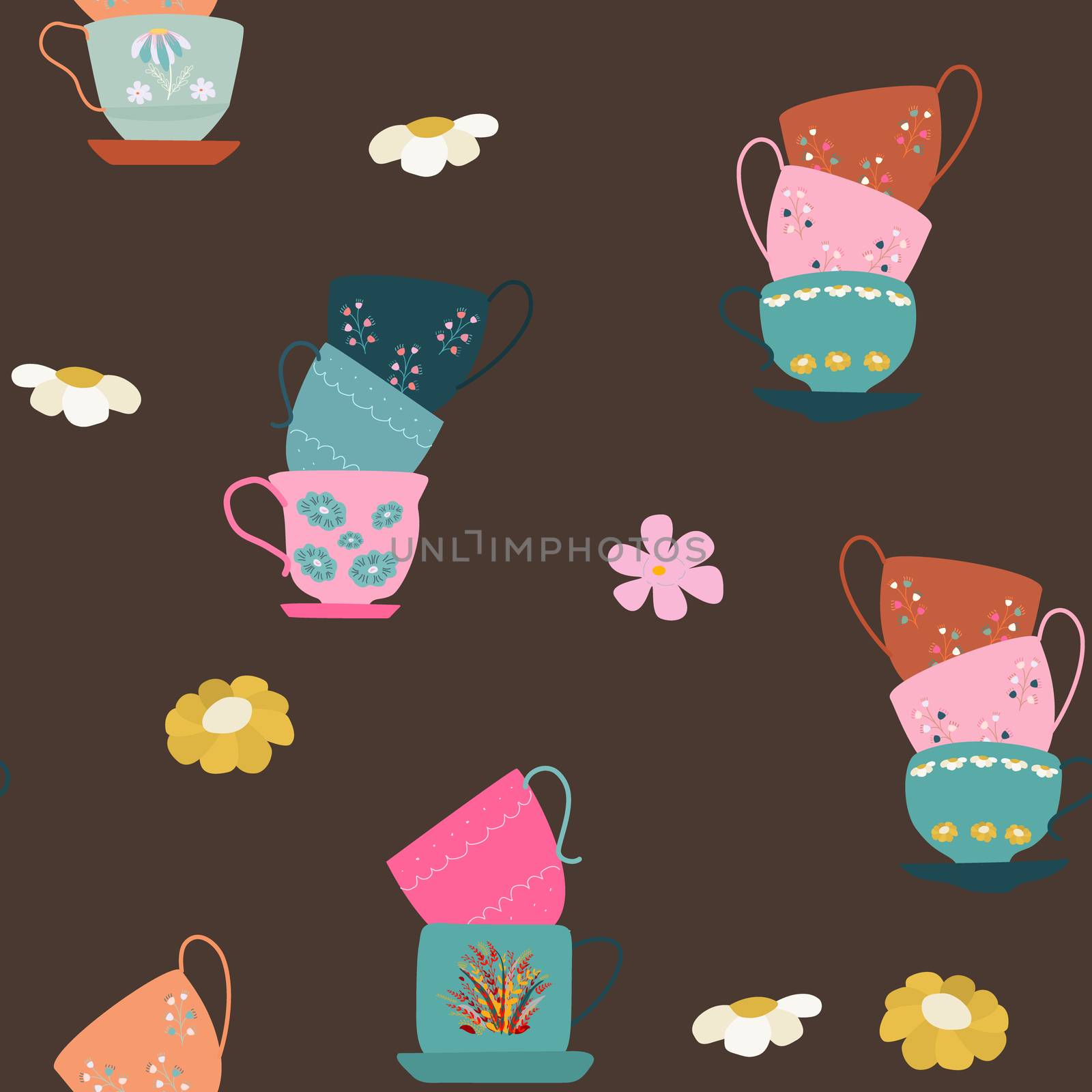 Seamless pattern with stacks of retro tea cups and daisies on brown background. Endless design for textile, card, cover. Vector illustration.