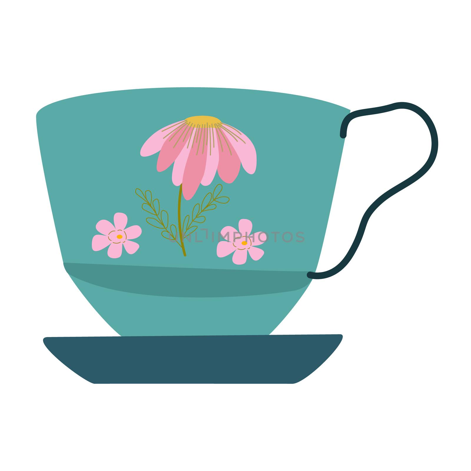 Retro turquoise tea cup with pink daisy decor. Isolated on white background. Flat cartoon style. Vector Illustration.