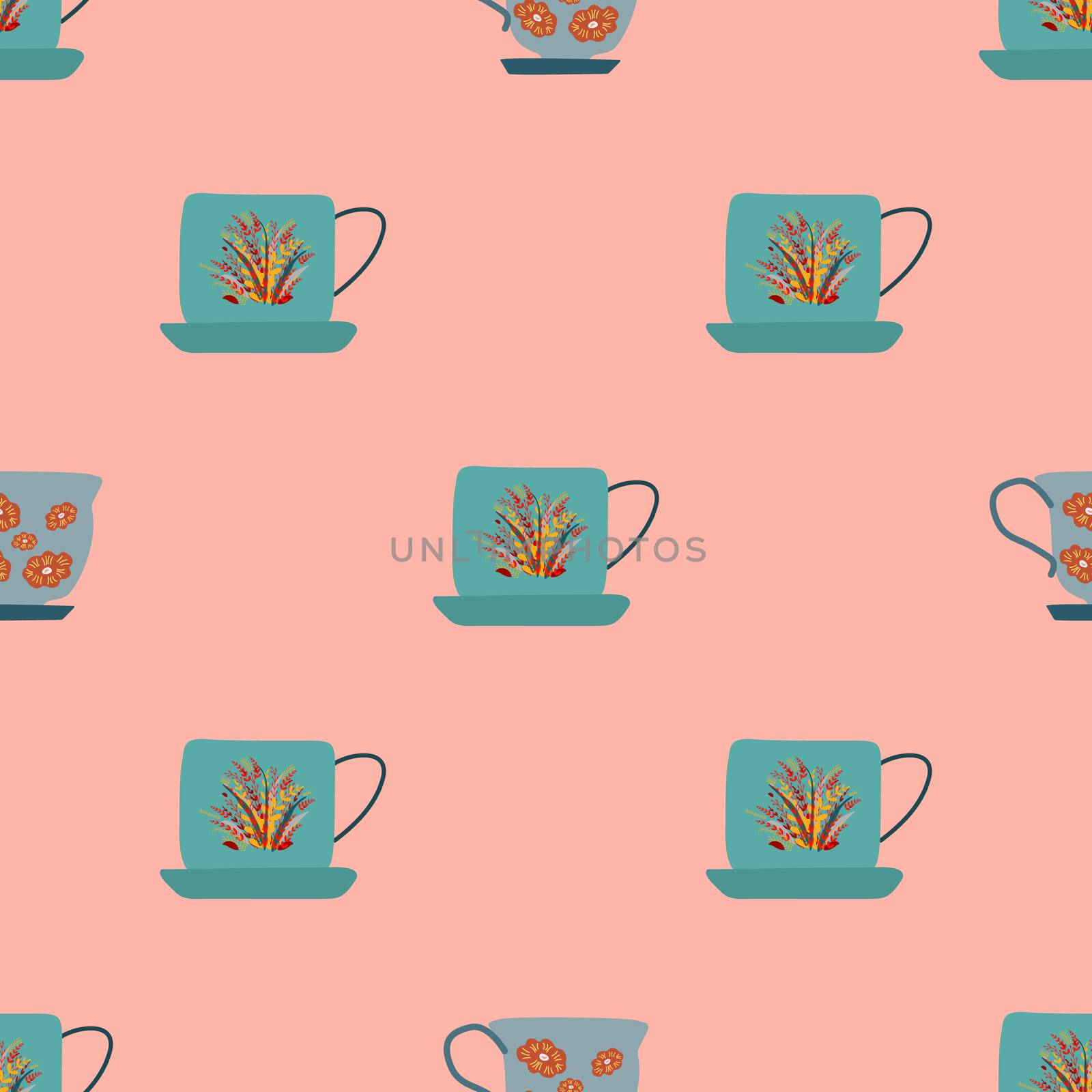 Simple seamless pattern with teal retro tea cups with autumn leaves on coral background. Endless design for textile, card, cover. Vector illustration.
