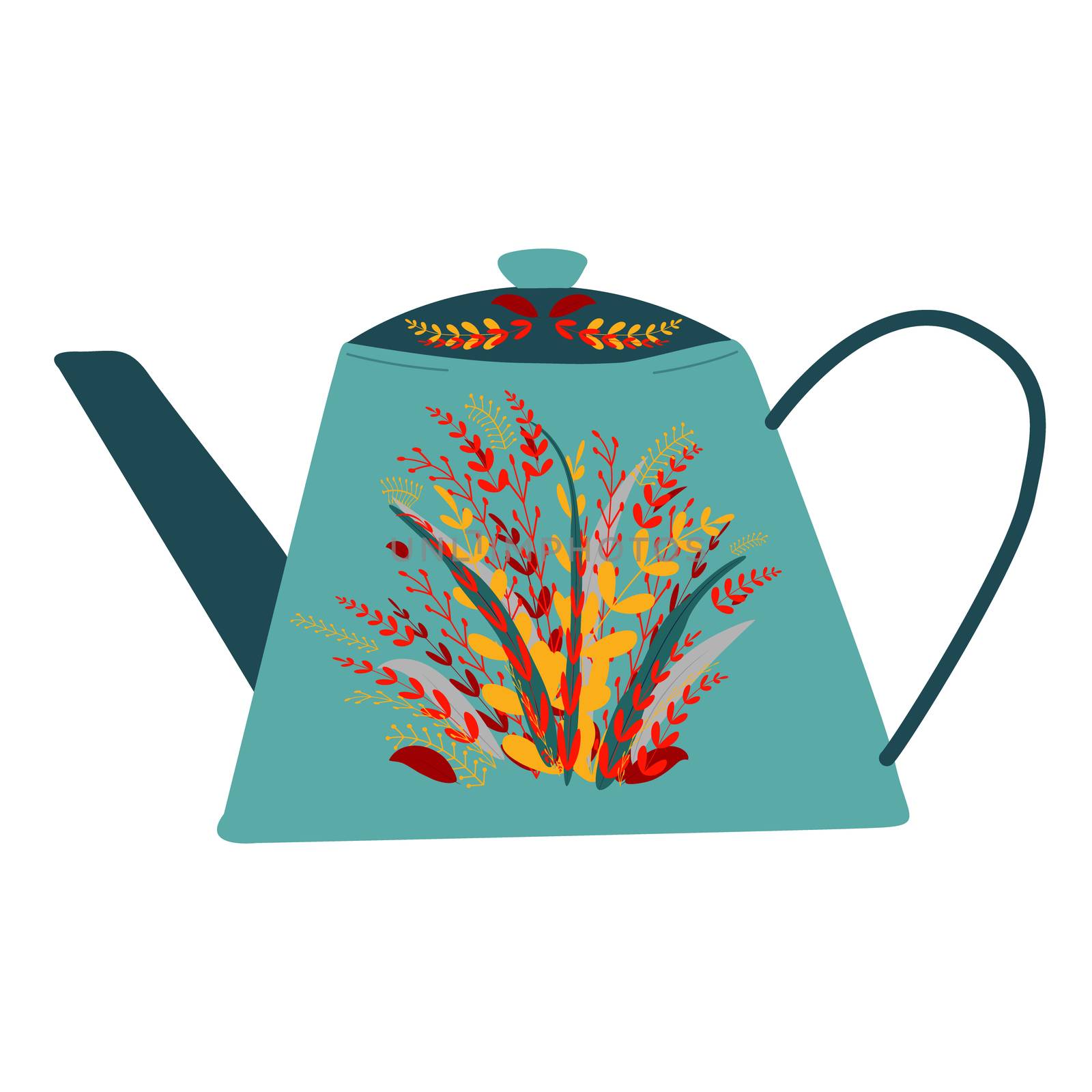 Retro turquoise tea pot with autumn leaves decor. Isolated on white background. Flat cartoon style. Vector Illustration.