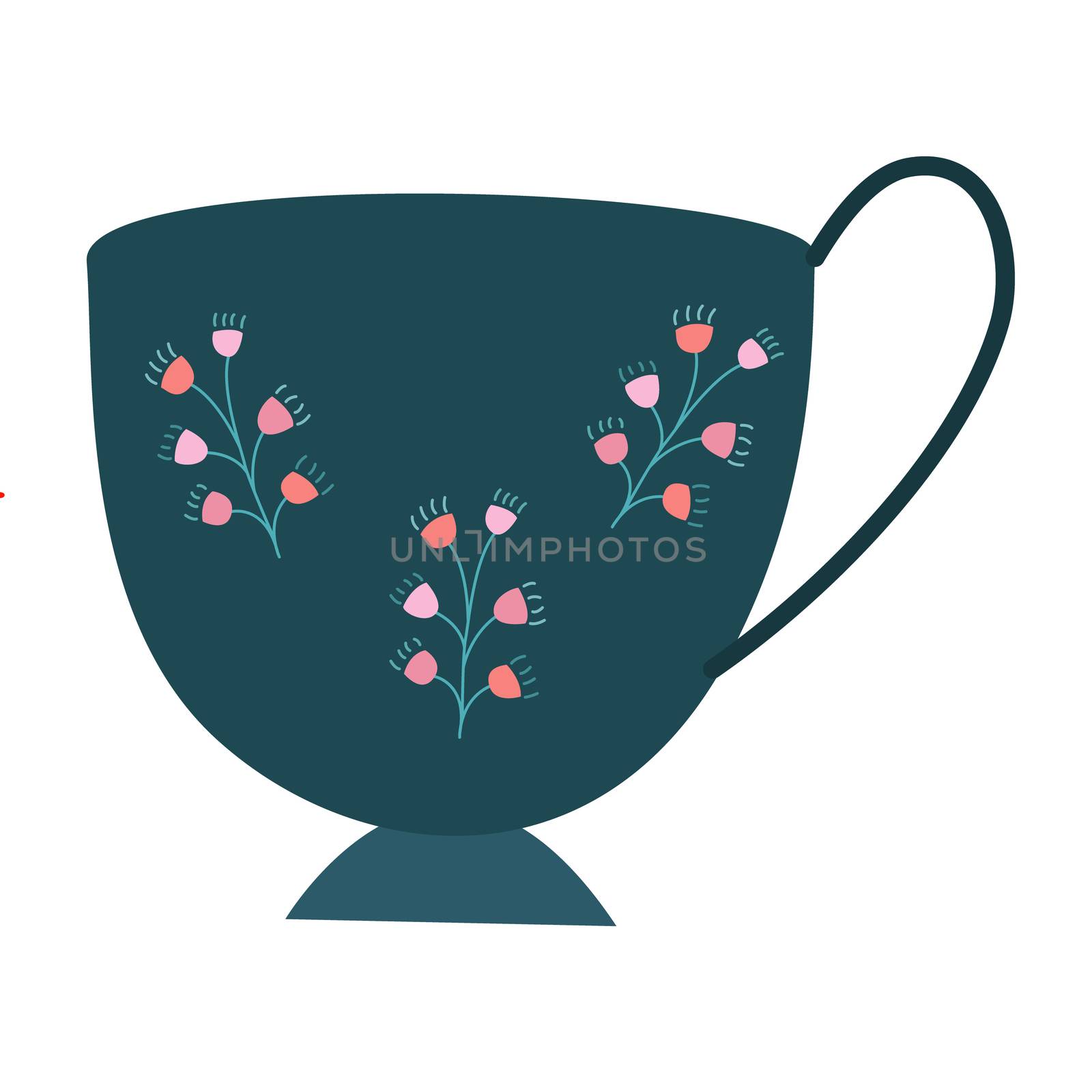 Teal color vintage cup with simple floral decor. Isolated on white background. Flat cartoon style. Vector Illustration.