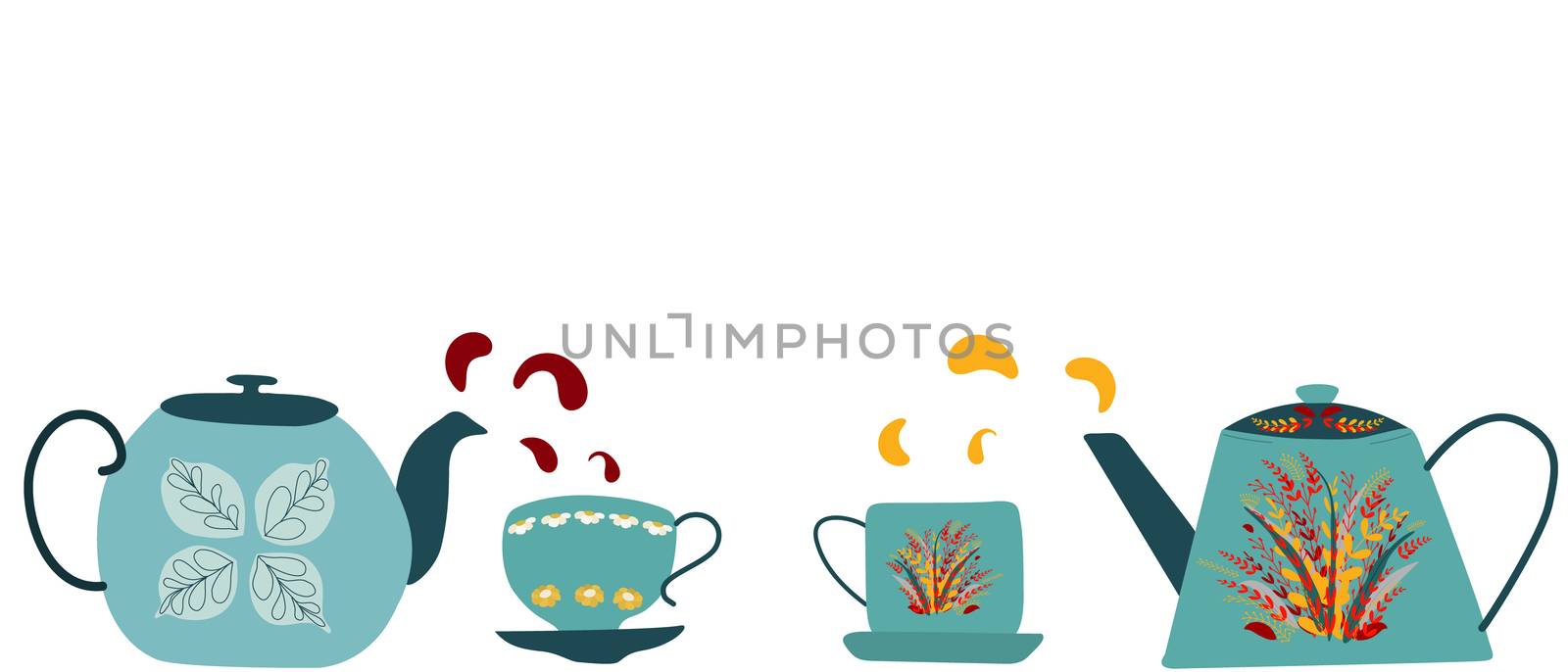 Horisontal border with retro teapots and cups. Invitation or banner template for tea party. Space for text. Vector illustration.