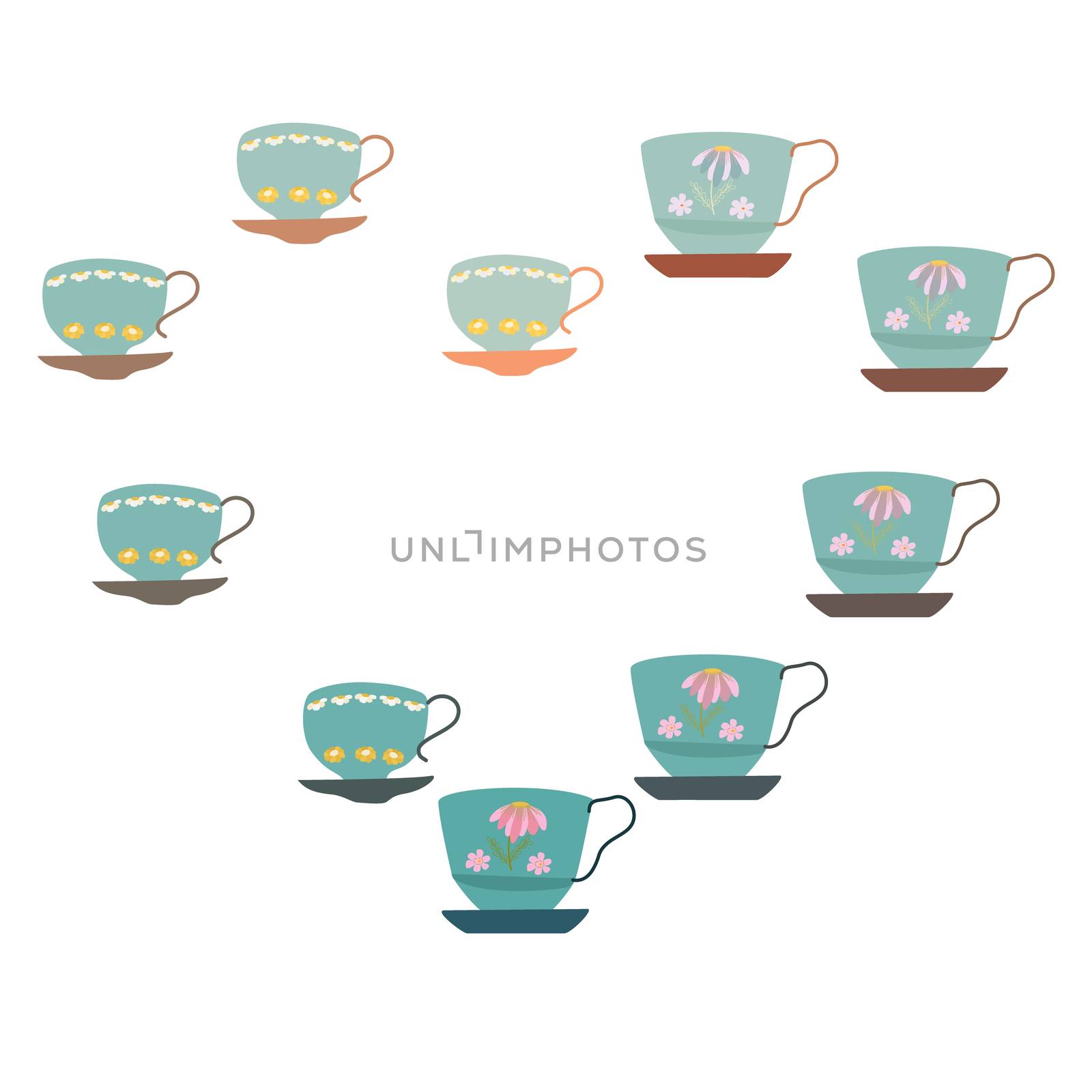 Heart shape frame with collection of rare retro tea cups with floral decor. Flat cartoon style. Vector Illustration.