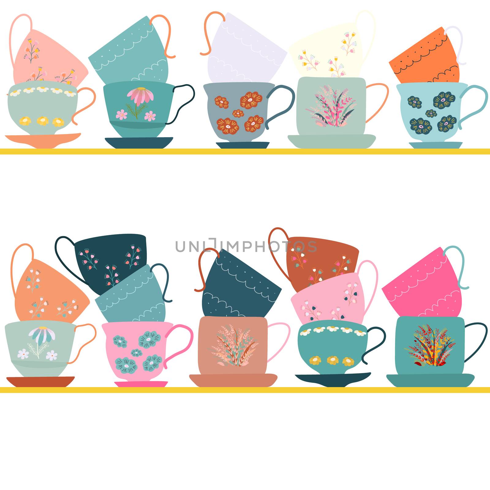 Kitchen shelves with collection of rare retro tea cups with floral decor. Flat cartoon style. Vector Illustration.