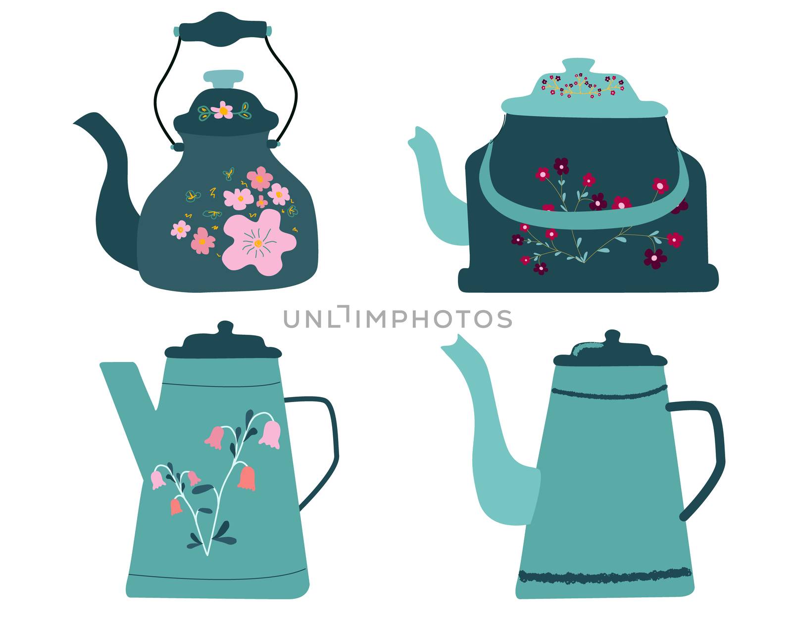 Collection of retro teal color kettles on white background by Nata_Prando