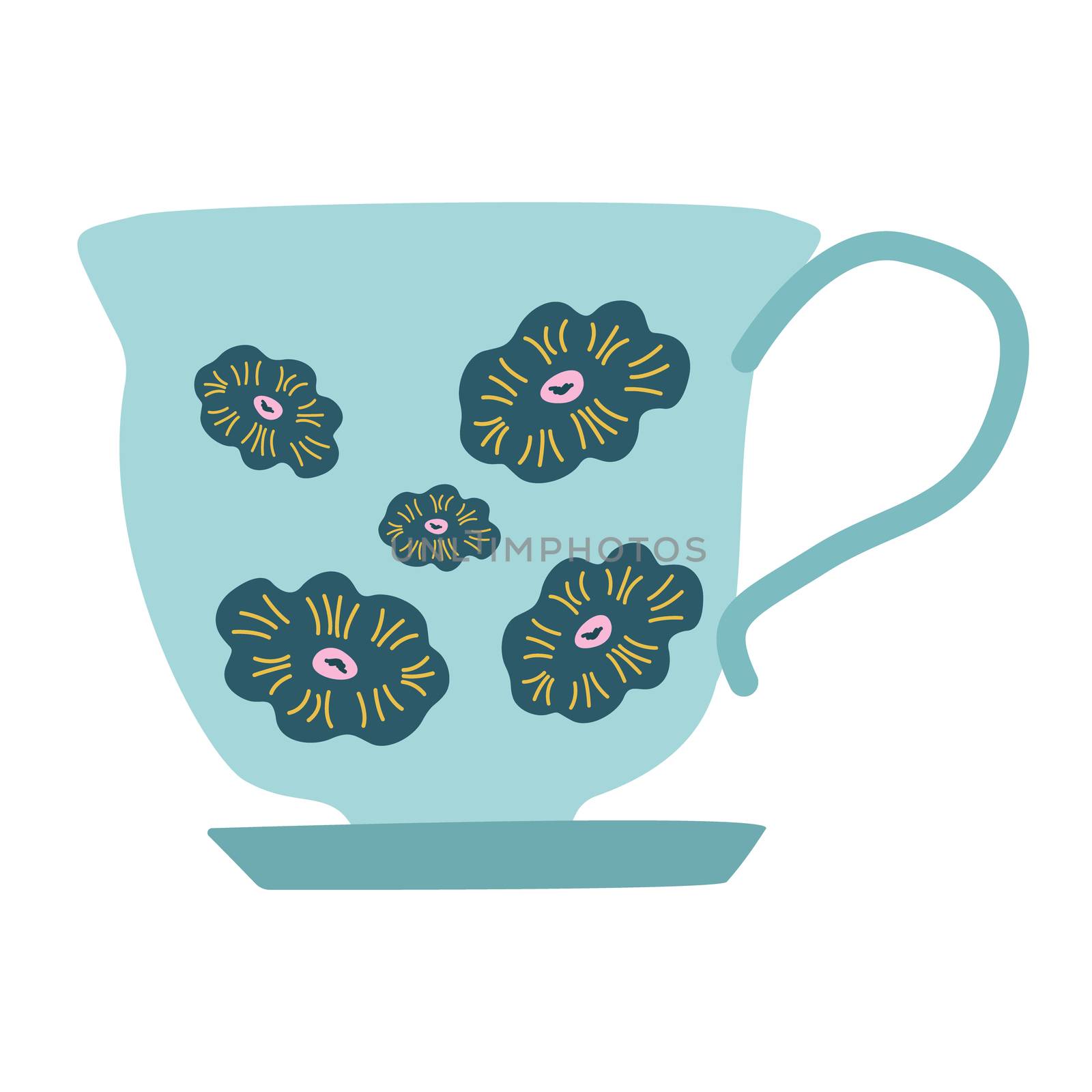 Retro light blue tea cup with teal color flowers. Isolated on white background. Flat cartoon style. Vector Illustration.