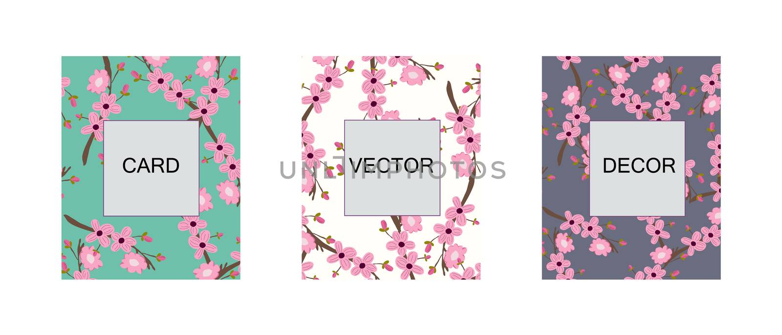 Set of three cards with seamless pink cherry blossom pattern. Spring endless design banner template. Vector illustration.