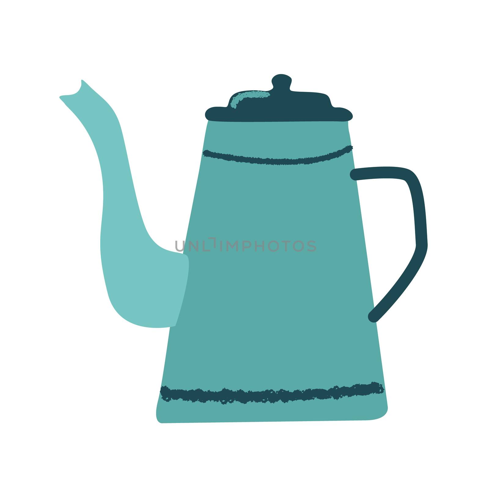 Simple enamel teal coffee pot isolated on white background. Flat cartoon style. Vector Illustration.