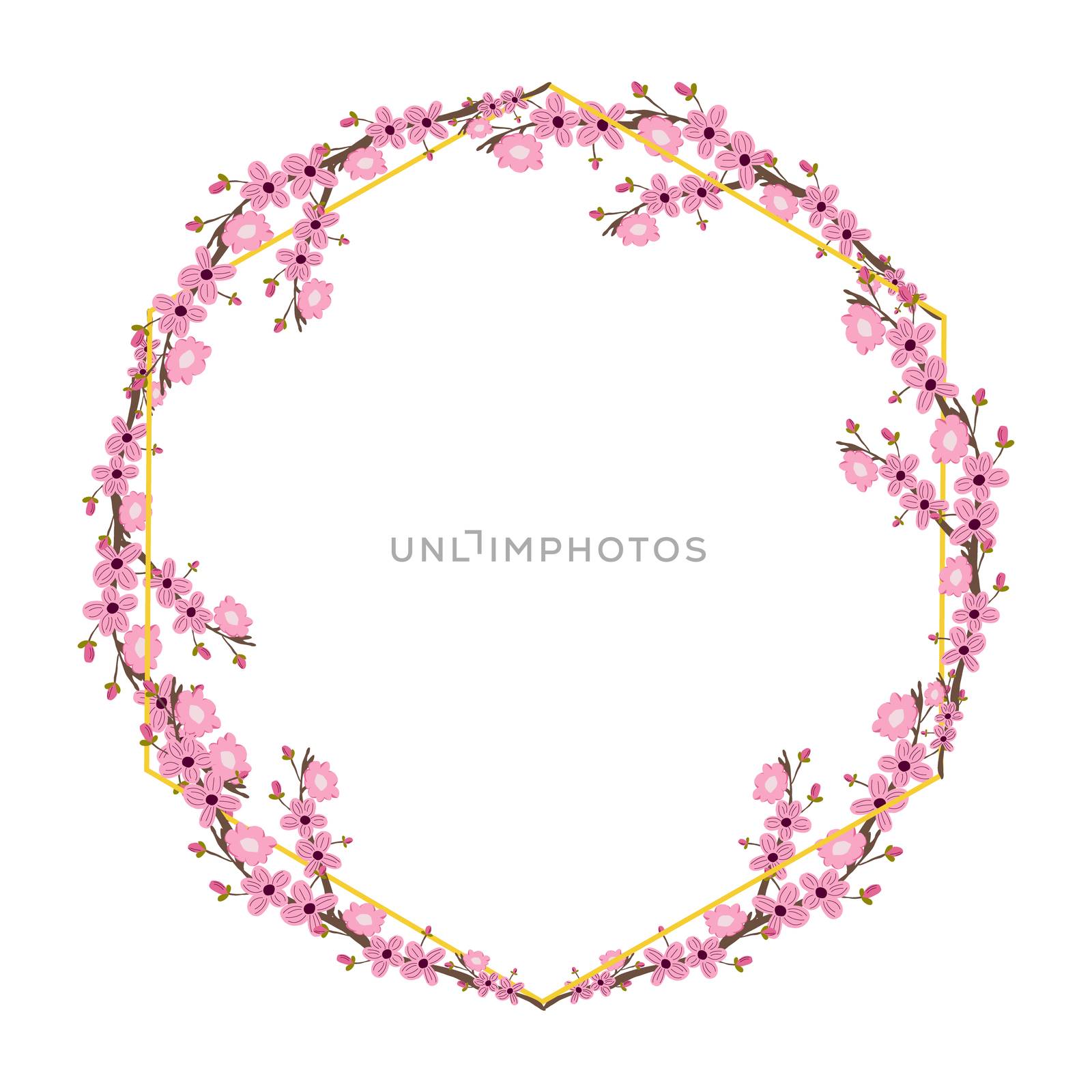 Round frame with pink cherry blossom flowers isolated on white by Nata_Prando