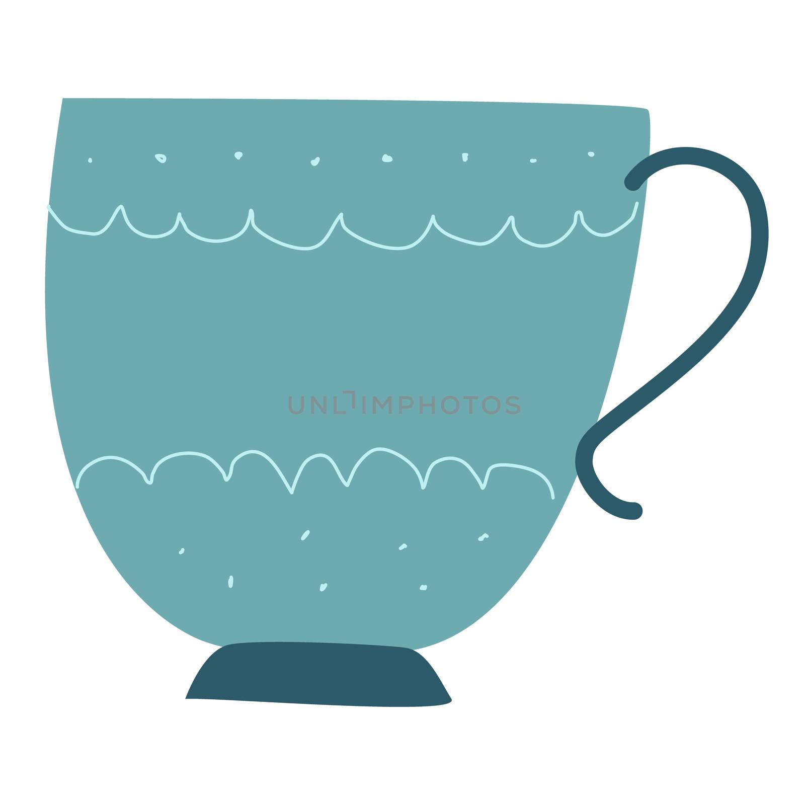 Retro light blue tea cup with simple white decor. Isolated on white background. Flat cartoon style. Vector Illustration.